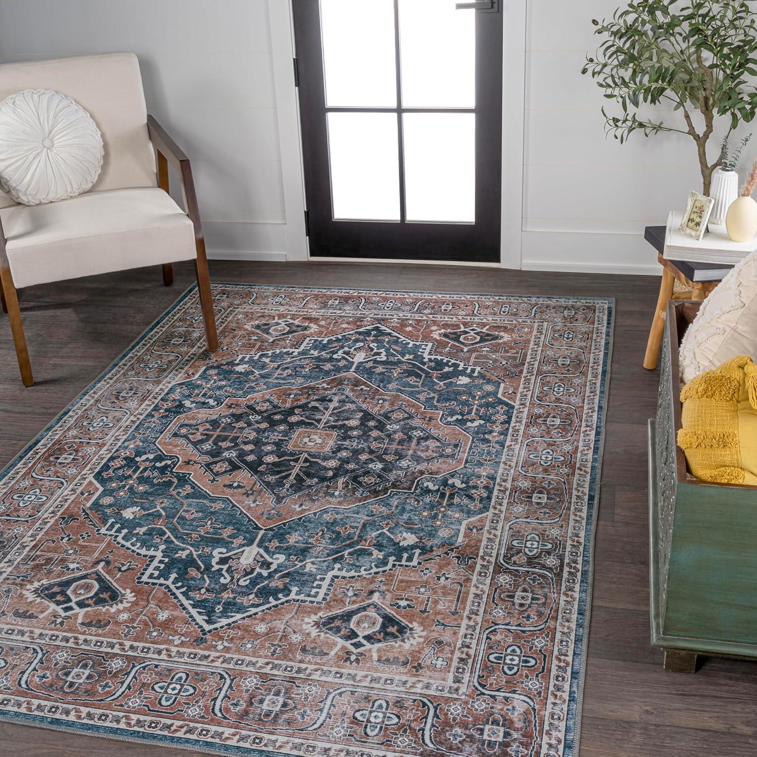 image:imageJONATHAN Y Machine Washable Indoor Area Rug 3X5 RedOrangeCream Alacati Ogee Medallion for Living Room Bedroom Kitchen Office EasyCleaning High Traffic PetFriendly NonShedding WSH103A3NavyBrown