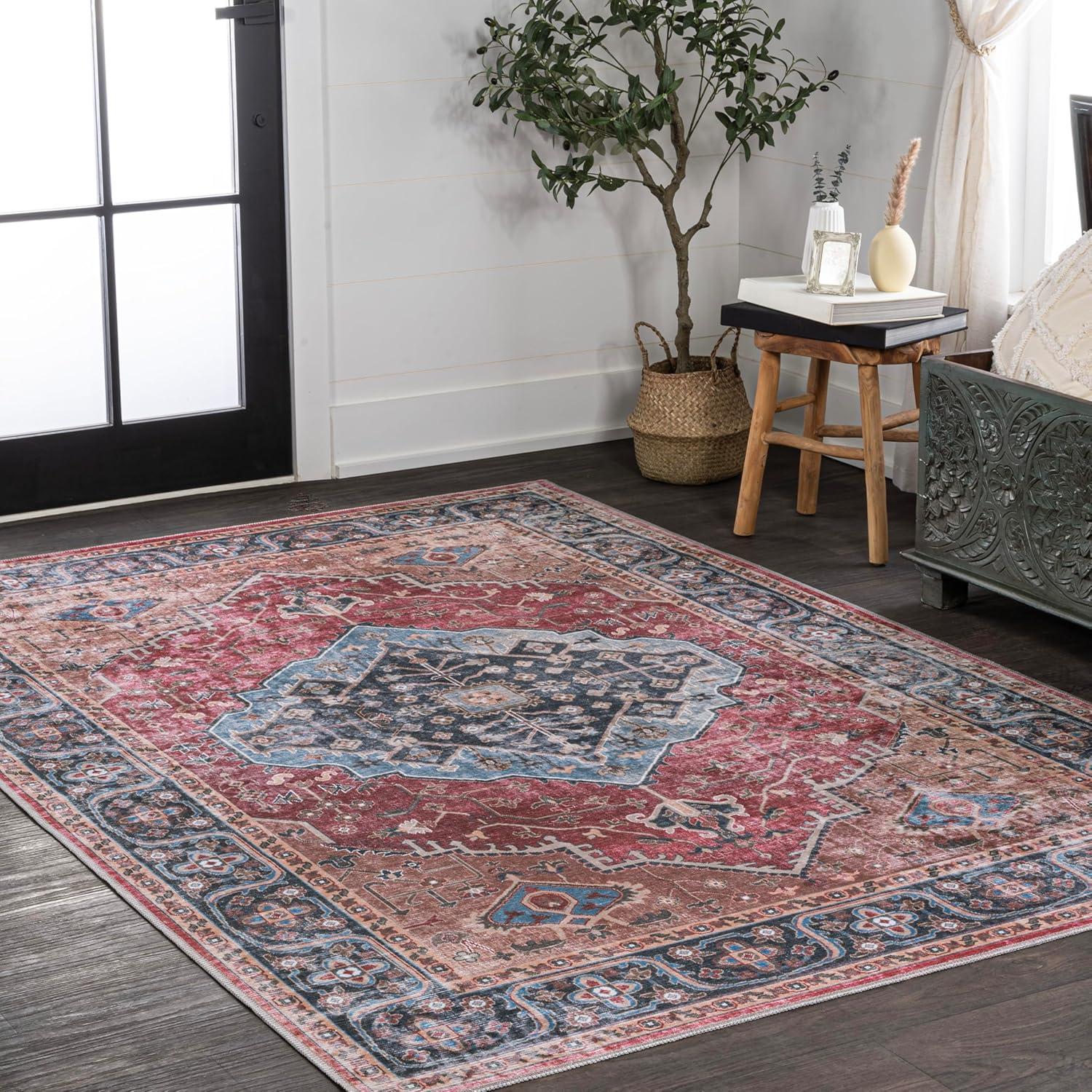 image:imageJONATHAN Y Machine Washable Indoor Area Rug 3X5 RedOrangeCream Alacati Ogee Medallion for Living Room Bedroom Kitchen Office EasyCleaning High Traffic PetFriendly NonShedding WSH103A3RedBlueBrown