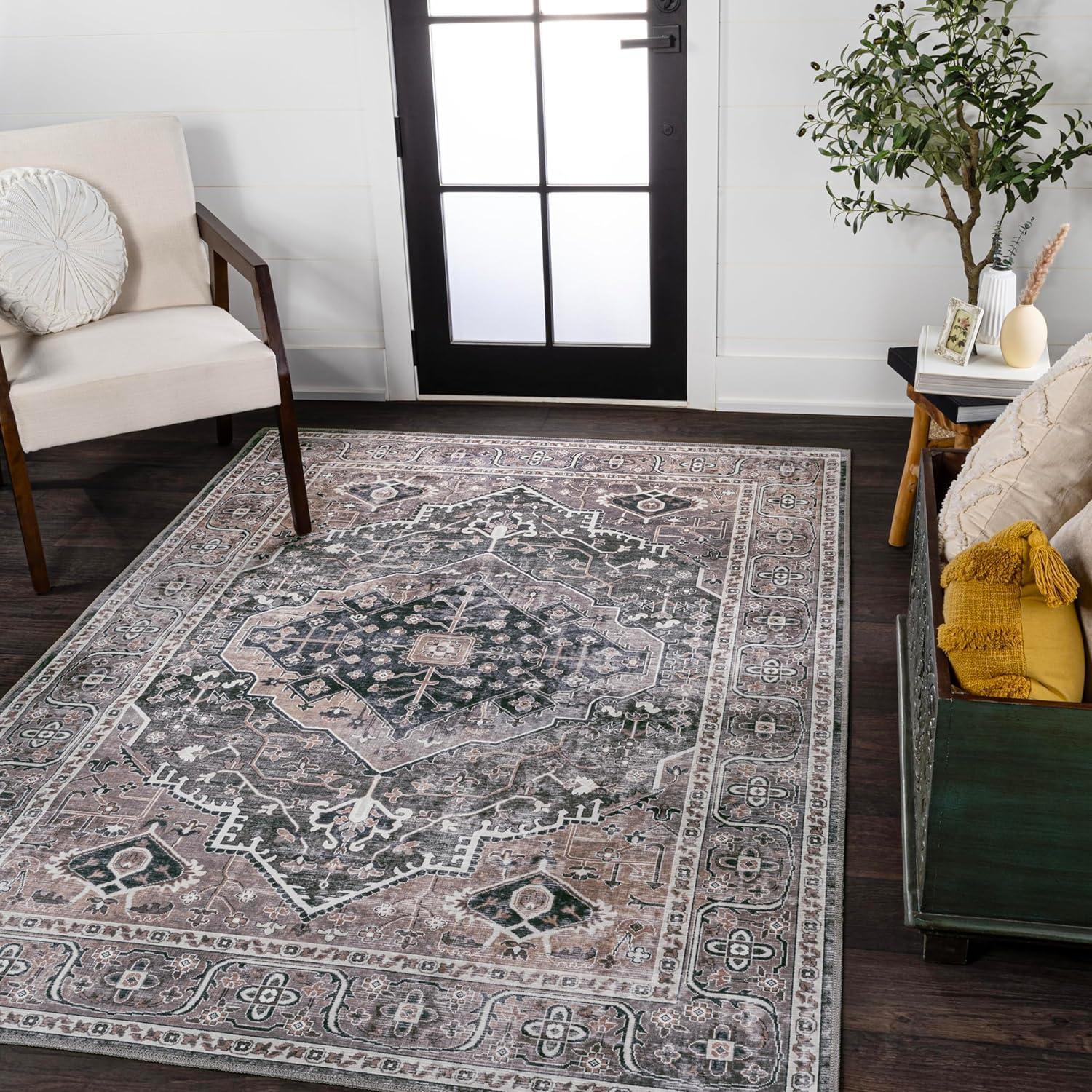 image:imageJONATHAN Y Machine Washable Indoor Area Rug 3X5 RedOrangeCream Alacati Ogee Medallion for Living Room Bedroom Kitchen Office EasyCleaning High Traffic PetFriendly NonShedding WSH103A3Dark GreenDark Beige