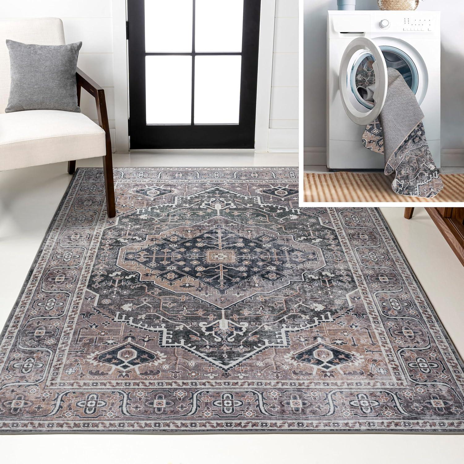 image:imageJONATHAN Y Machine Washable Indoor Area Rug 3X5 RedOrangeCream Alacati Ogee Medallion for Living Room Bedroom Kitchen Office EasyCleaning High Traffic PetFriendly NonShedding WSH103A3Dark GreenDark Beige