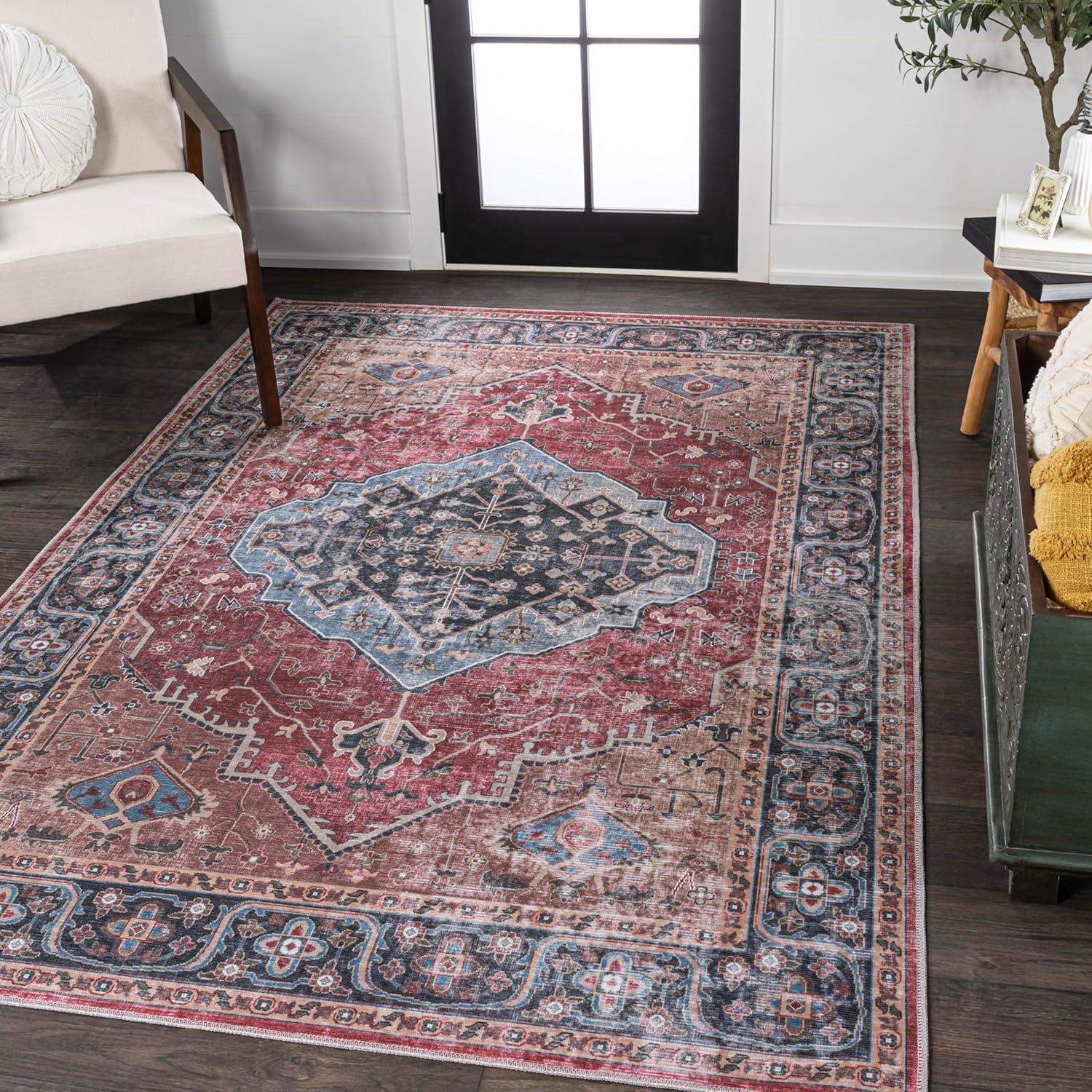 image:imageJONATHAN Y Machine Washable Indoor Area Rug 3X5 RedOrangeCream Alacati Ogee Medallion for Living Room Bedroom Kitchen Office EasyCleaning High Traffic PetFriendly NonShedding WSH103A3RedBlueBrown