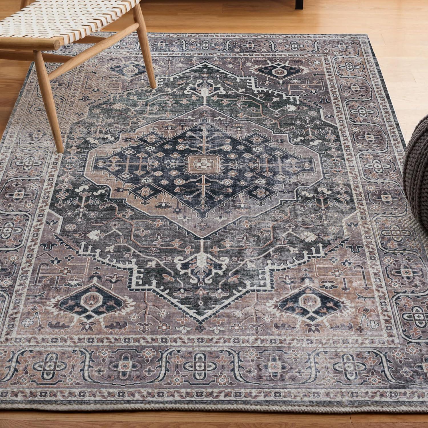 image:imageJONATHAN Y Machine Washable Indoor Area Rug 3X5 RedOrangeCream Alacati Ogee Medallion for Living Room Bedroom Kitchen Office EasyCleaning High Traffic PetFriendly NonShedding WSH103A3Dark GreenDark Beige