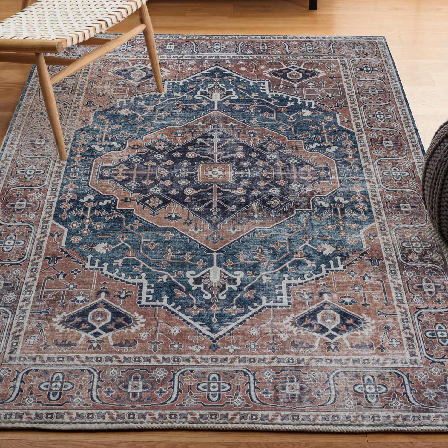 image:imageJONATHAN Y Machine Washable Indoor Area Rug 3X5 RedOrangeCream Alacati Ogee Medallion for Living Room Bedroom Kitchen Office EasyCleaning High Traffic PetFriendly NonShedding WSH103A3NavyBrown