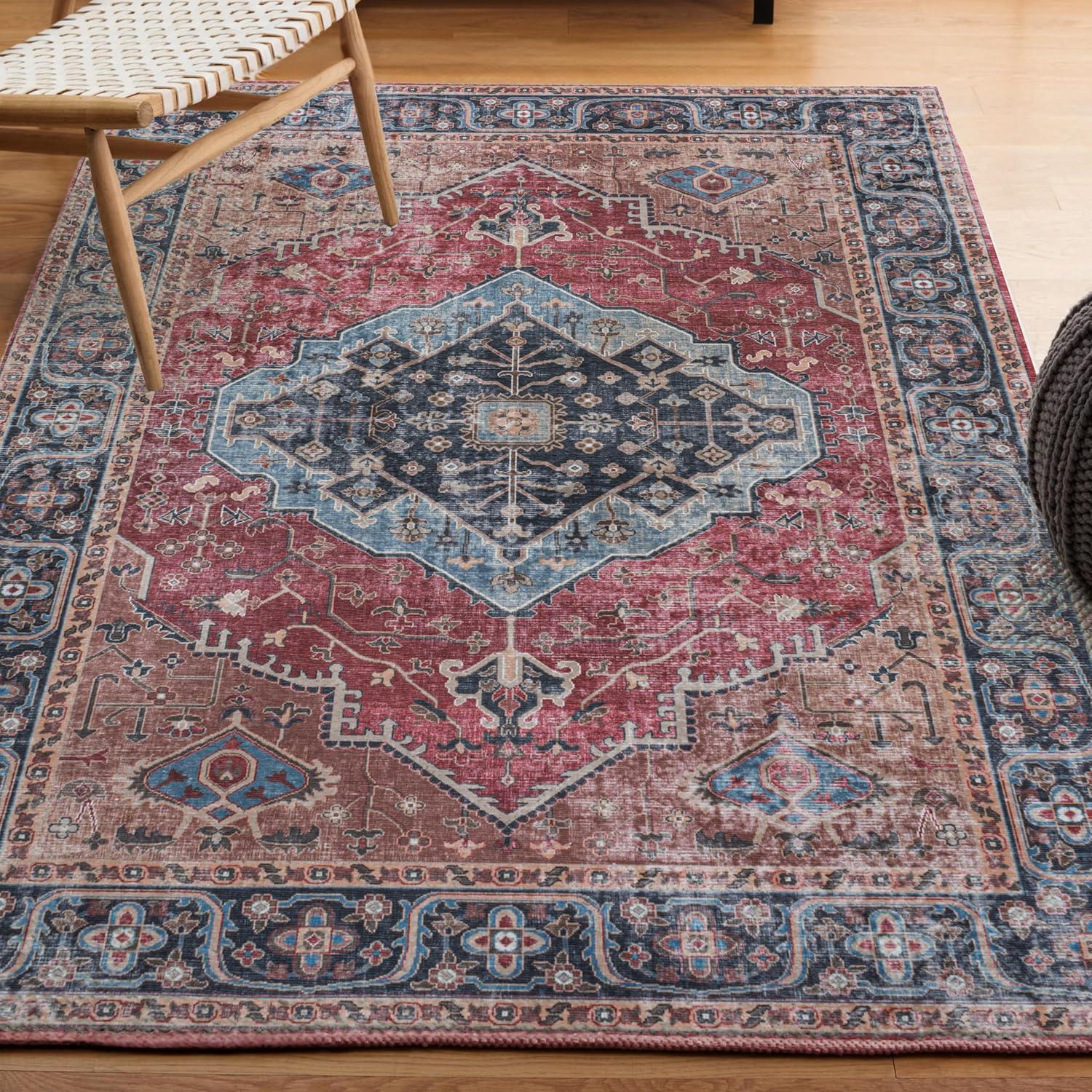 image:imageJONATHAN Y Machine Washable Indoor Area Rug 3X5 RedOrangeCream Alacati Ogee Medallion for Living Room Bedroom Kitchen Office EasyCleaning High Traffic PetFriendly NonShedding WSH103A3RedBlueBrown