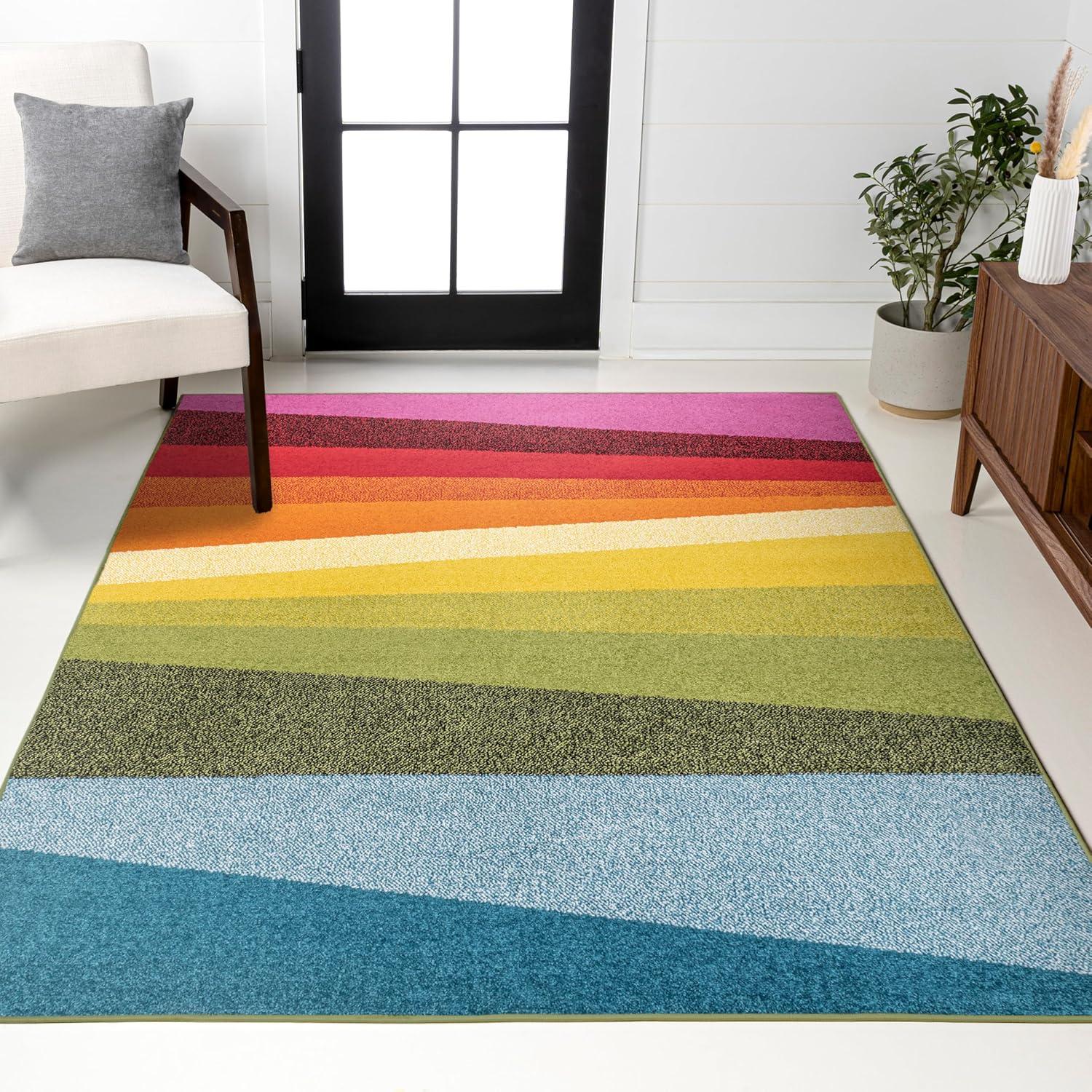 image:imageJONATHAN Y Prism Geometric Striped Indoor Area Rug 3x5 OrangeGreenBlue Modern Coastal EasyCleaning for Living Room Bedroom Kitchen Pet Friendly NonShedding DZC101A3OrangeGreenBlue