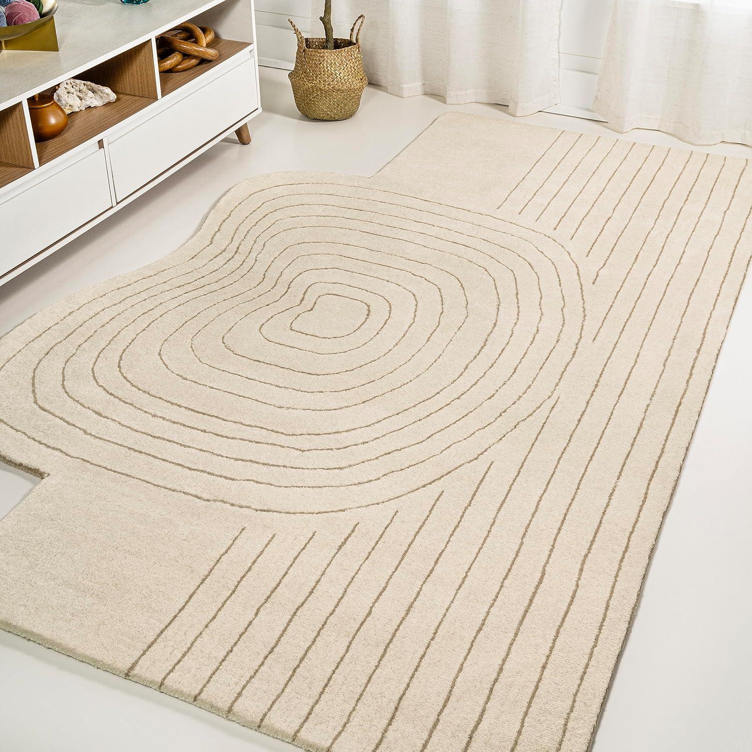 image:imageJONATHAN Y Retro Striped Handwoven Wool IvoryBeige Shaped Indoor Area Rug 5x8 Bohemian Abstract EasyCleaning for Living Room Bedroom Kitchen Pet Friendly NonShedding GST103A5IvoryBeige