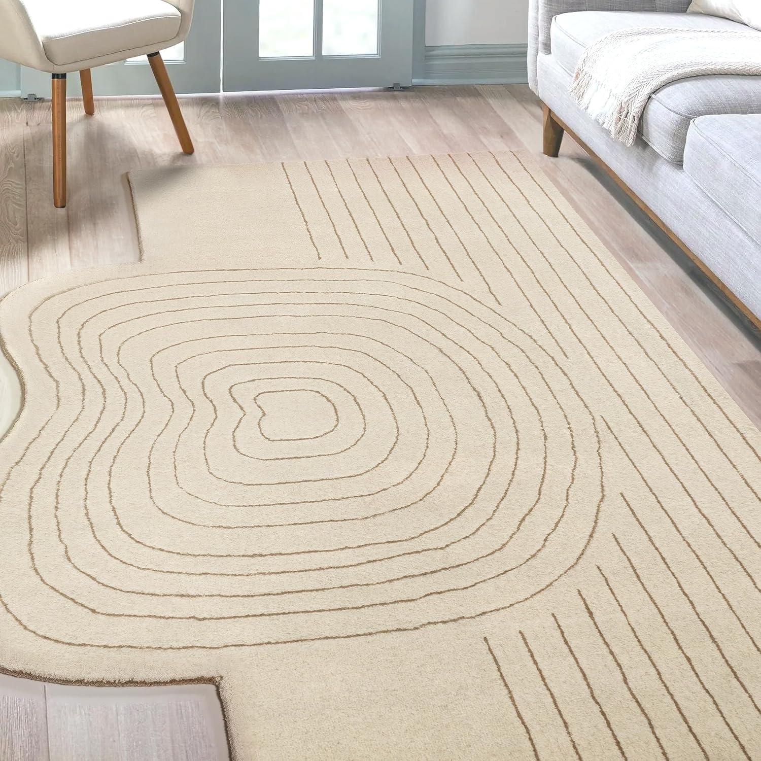 image:imageJONATHAN Y Retro Striped Handwoven Wool IvoryBeige Shaped Indoor Area Rug 5x8 Bohemian Abstract EasyCleaning for Living Room Bedroom Kitchen Pet Friendly NonShedding GST103A5IvoryBeige