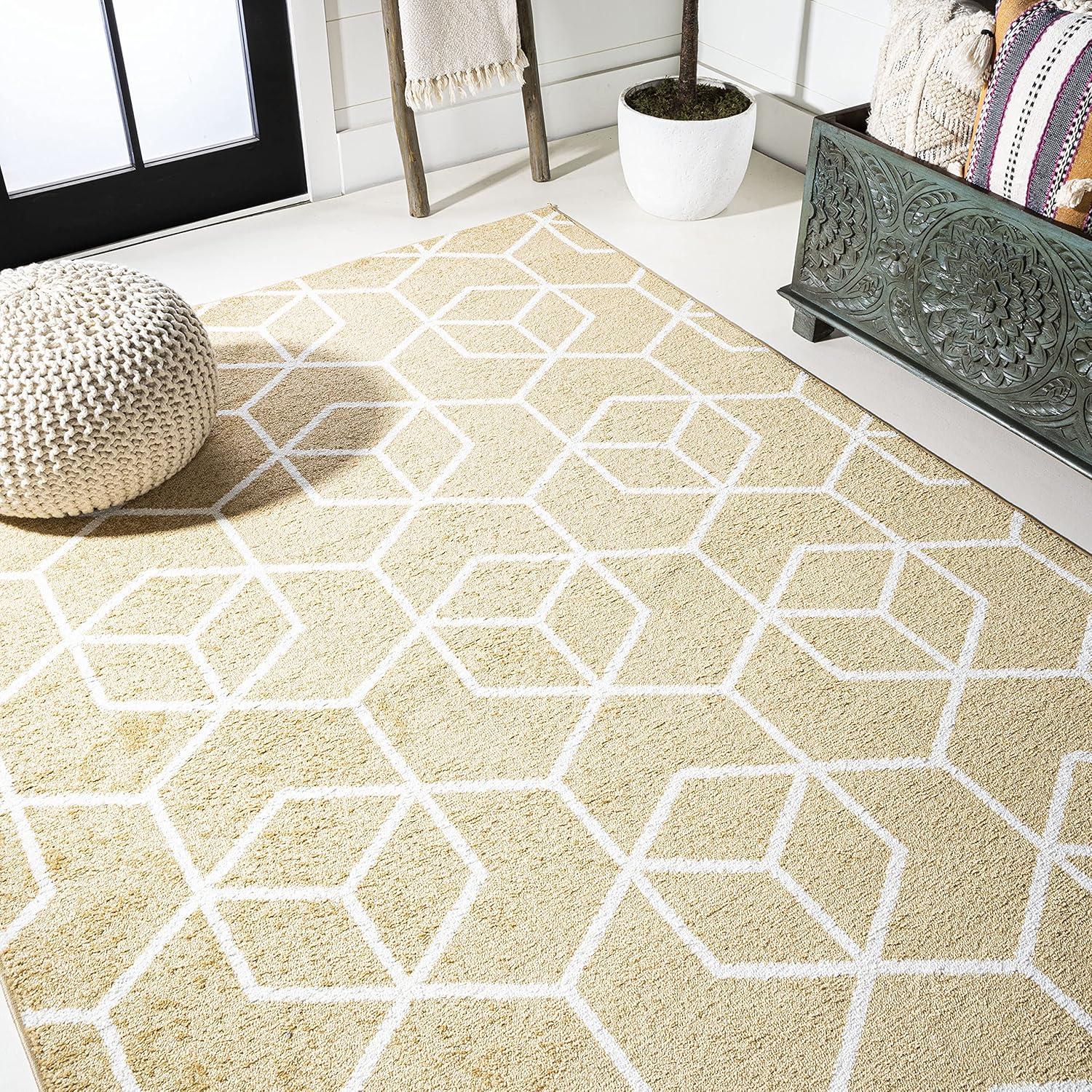 image:imageJONATHAN Y Tumbling Blocks Light BlueWhite Indoor Area Rug 3x5 ModernContemporaryGeometricCasual EasyCleaning for Living RoomBedroomKitchenPet FriendlyNonShedding SEU101C3GoldWhite