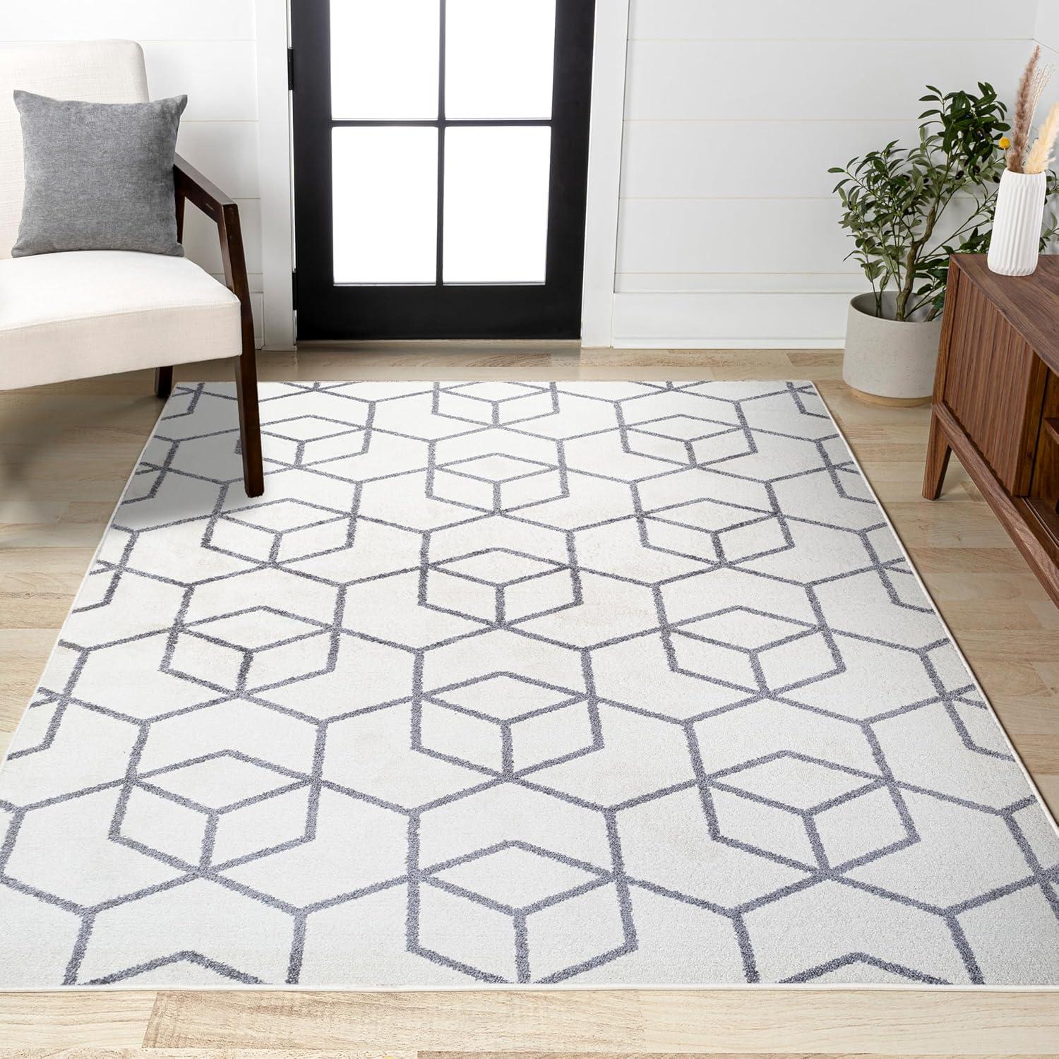 image:imageJONATHAN Y Tumbling Blocks Light BlueWhite Indoor Area Rug 3x5 ModernContemporaryGeometricCasual EasyCleaning for Living RoomBedroomKitchenPet FriendlyNonShedding SEU101C3WhiteGray