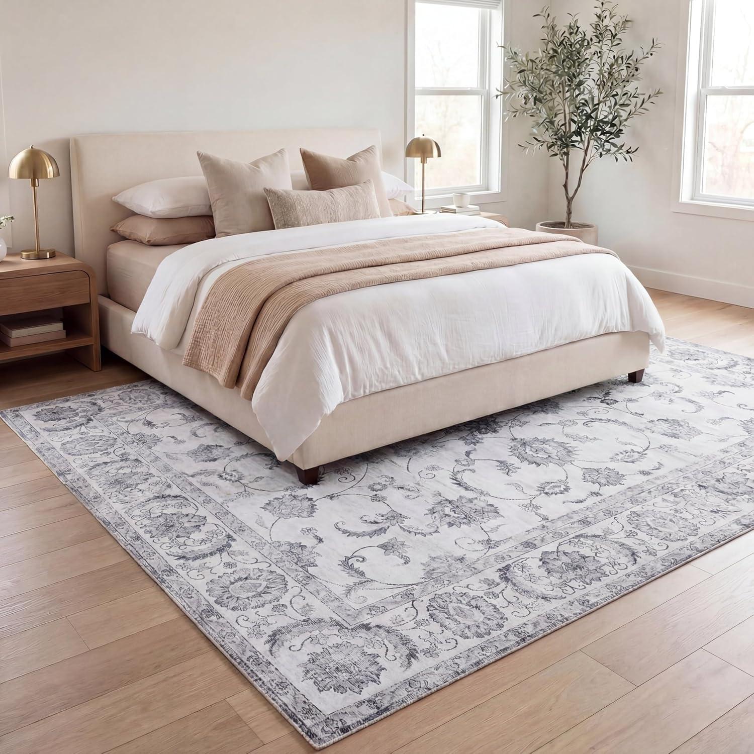 image:imageJONATHAN Y UltraSoft MachineWashable Rug with NonSkid Backing Dark GrayMulti 5x8 Arabella Vintage Floral Border NonShedding Velvet Luxury Feel for Living Room Dining Room Bedroom VOR107G5IvoryGray