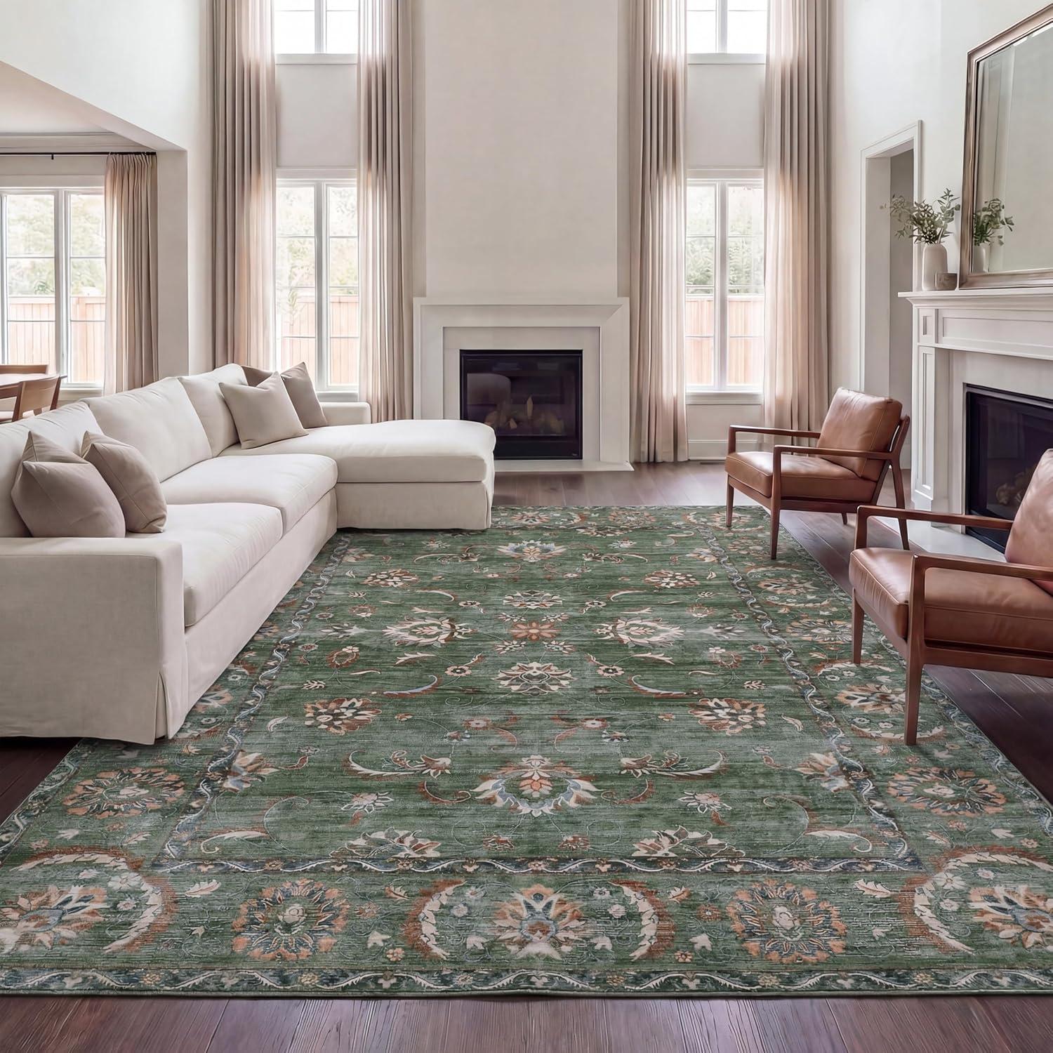 image:imageJONATHAN Y UltraSoft MachineWashable Rug with NonSkid Backing Dark GrayMulti 5x8 Arabella Vintage Floral Border NonShedding Velvet Luxury Feel for Living Room Dining Room Bedroom VOR107G5GreenBrown