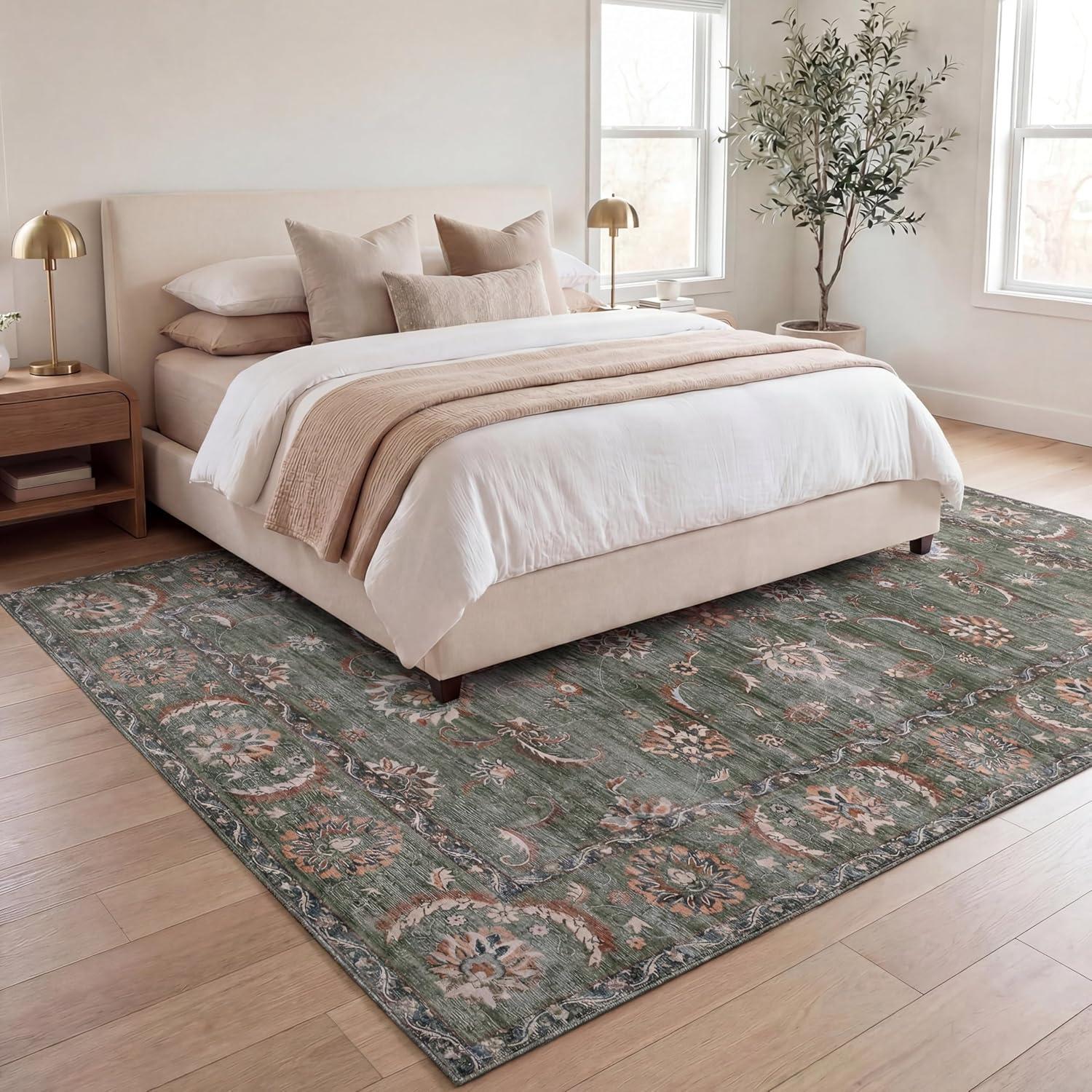image:imageJONATHAN Y UltraSoft MachineWashable Rug with NonSkid Backing Dark GrayMulti 5x8 Arabella Vintage Floral Border NonShedding Velvet Luxury Feel for Living Room Dining Room Bedroom VOR107G5GreenBrown