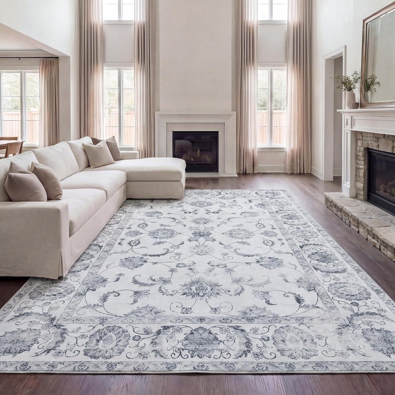 image:imageJONATHAN Y UltraSoft MachineWashable Rug with NonSkid Backing Dark GrayMulti 5x8 Arabella Vintage Floral Border NonShedding Velvet Luxury Feel for Living Room Dining Room Bedroom VOR107G5IvoryGray