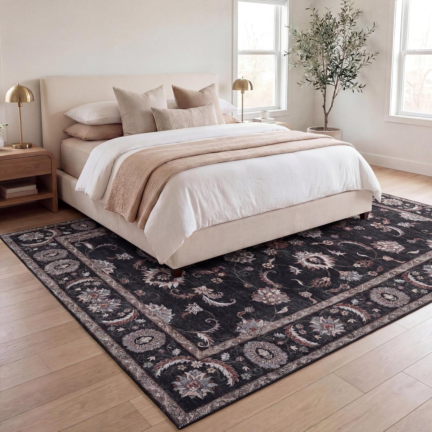 image:imageJONATHAN Y UltraSoft MachineWashable Rug with NonSkid Backing Dark GrayMulti 5x8 Arabella Vintage Floral Border NonShedding Velvet Luxury Feel for Living Room Dining Room Bedroom VOR107G5Dark GrayMulti