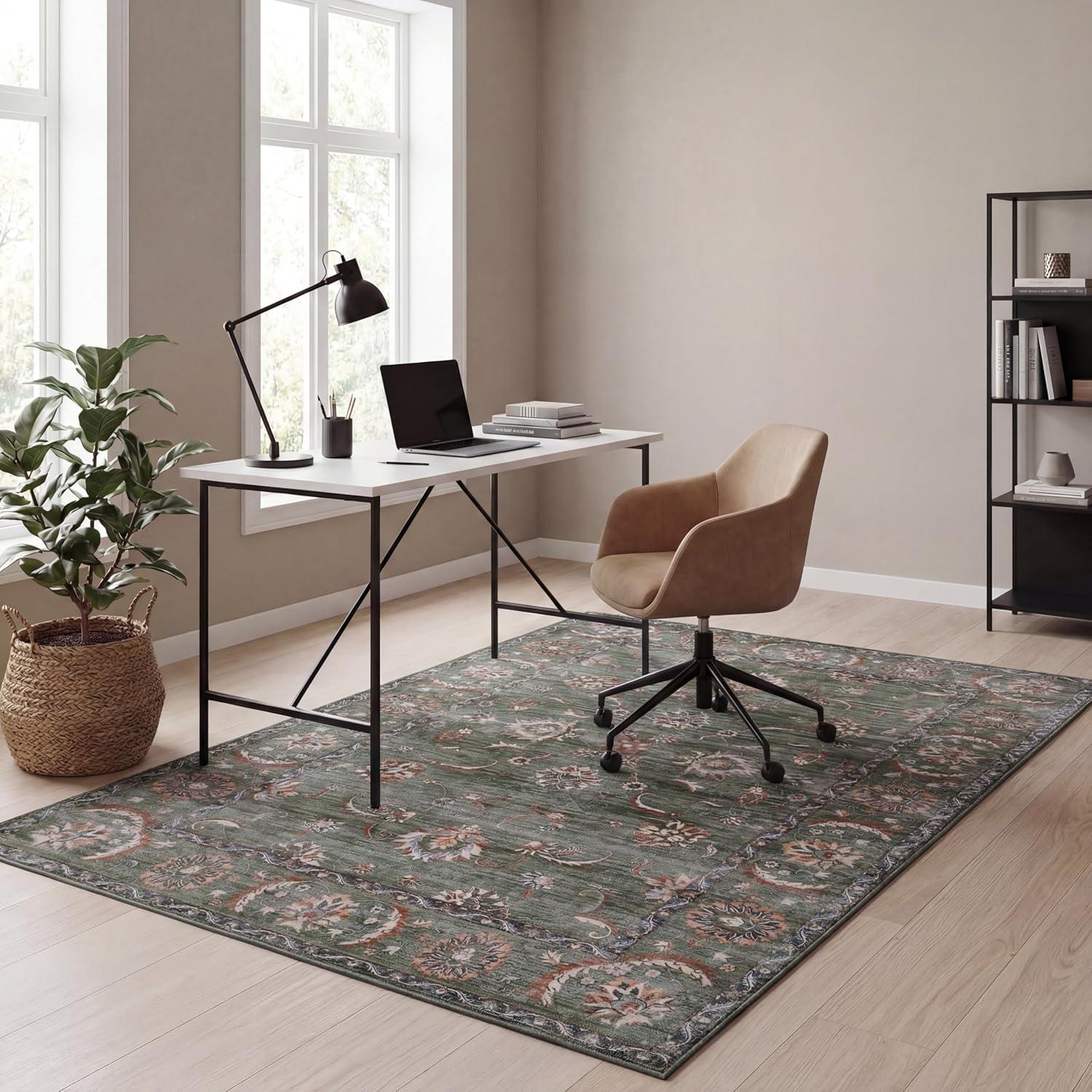 image:imageJONATHAN Y UltraSoft MachineWashable Rug with NonSkid Backing Dark GrayMulti 5x8 Arabella Vintage Floral Border NonShedding Velvet Luxury Feel for Living Room Dining Room Bedroom VOR107G5GreenBrown