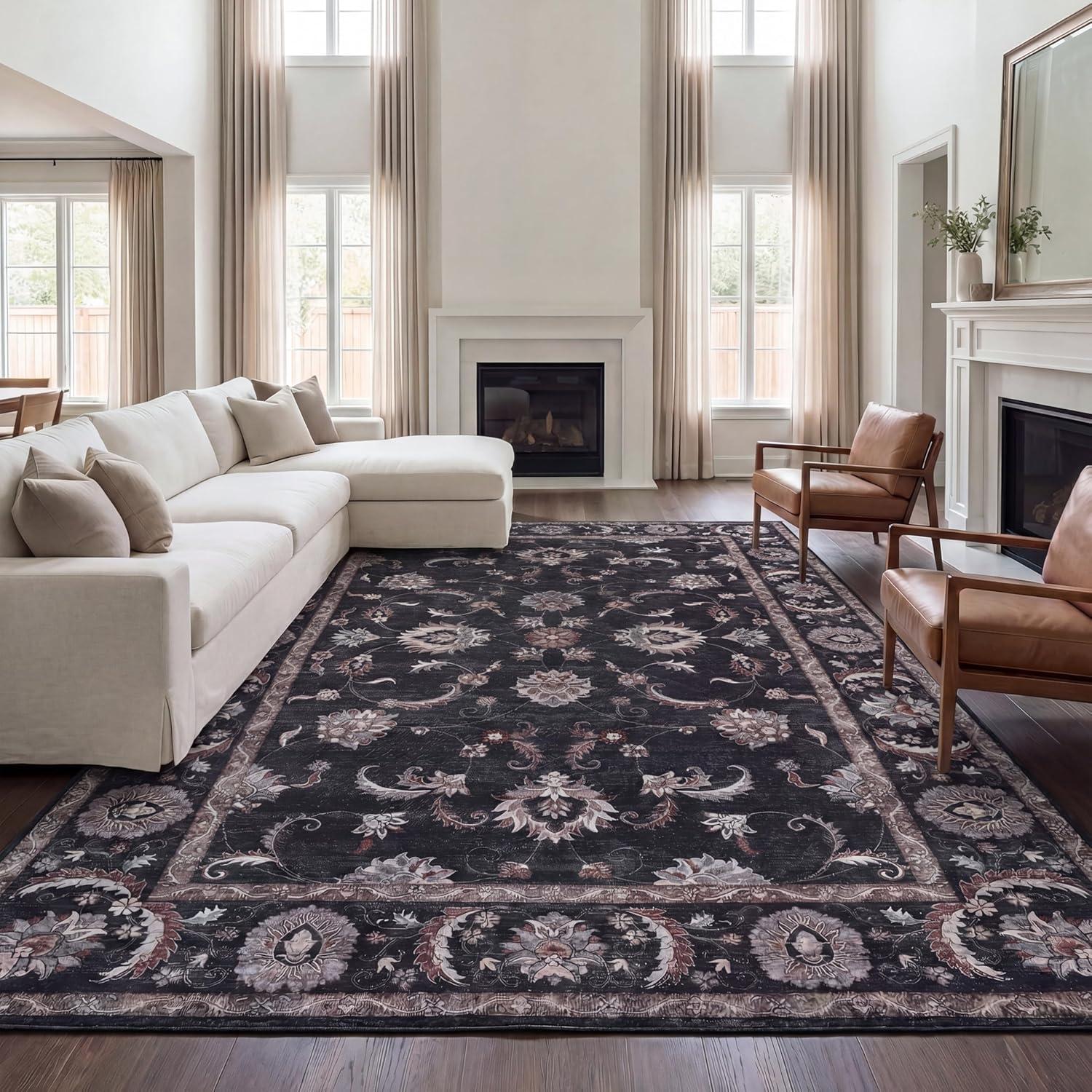 image:imageJONATHAN Y UltraSoft MachineWashable Rug with NonSkid Backing Dark GrayMulti 5x8 Arabella Vintage Floral Border NonShedding Velvet Luxury Feel for Living Room Dining Room Bedroom VOR107G5Dark GrayMulti