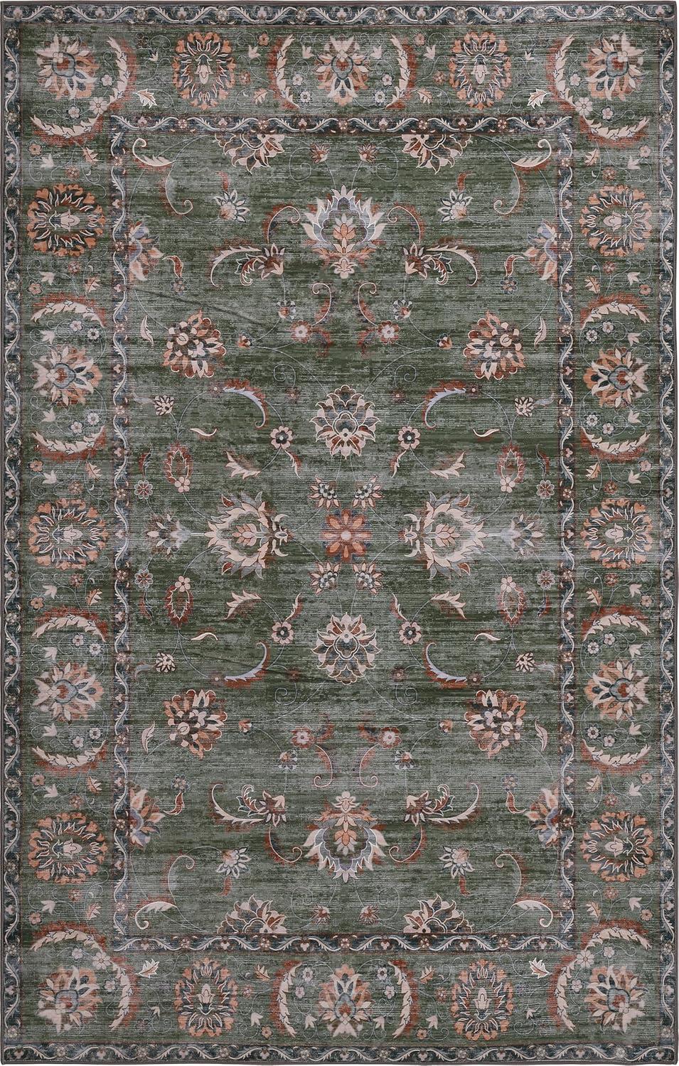 image:imageJONATHAN Y UltraSoft MachineWashable Rug with NonSkid Backing Dark GrayMulti 5x8 Arabella Vintage Floral Border NonShedding Velvet Luxury Feel for Living Room Dining Room Bedroom VOR107G5GreenBrown