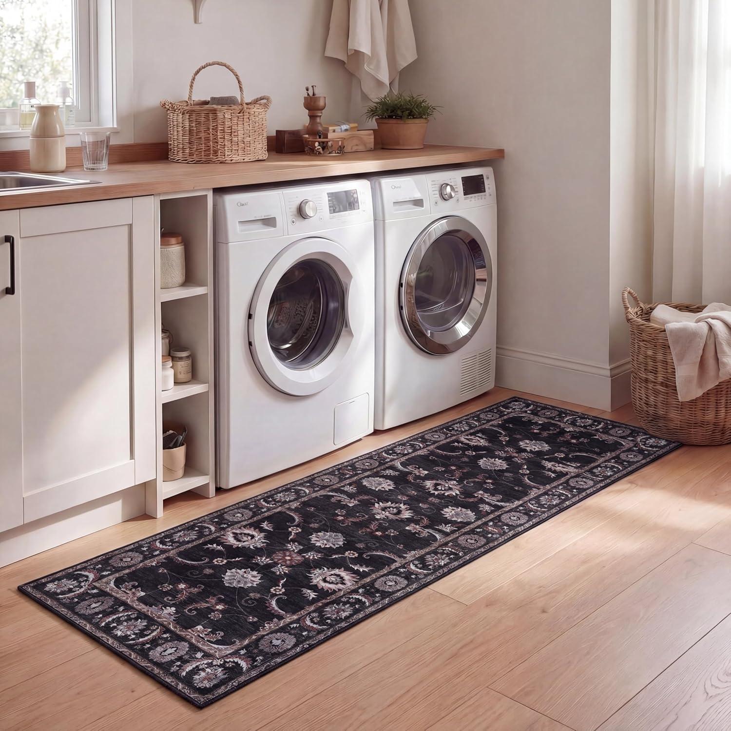 image:imageJONATHAN Y UltraSoft MachineWashable Rug with NonSkid Backing Dark GrayMulti 5x8 Arabella Vintage Floral Border NonShedding Velvet Luxury Feel for Living Room Dining Room Bedroom VOR107G5Dark GrayMulti