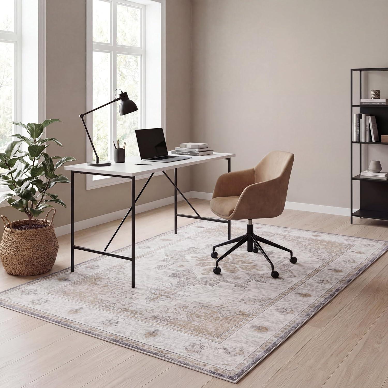 image:imageJONATHAN Y UltraSoft MachineWashable Rug with NonSkid Backing Dark GrayMulti 5x8 Eleanor Vintage Medallion Border NonShedding Velvet Luxury Feel for Living Room Dining Room BedroomCreamBeige