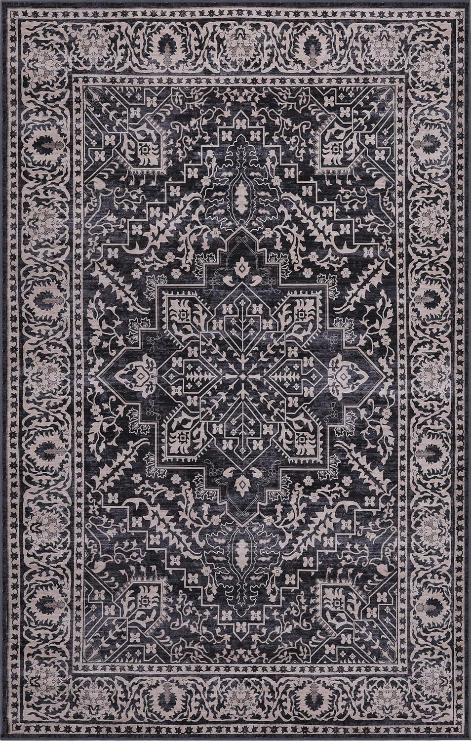 image:imageJONATHAN Y UltraSoft MachineWashable Rug with NonSkid Backing Dark GrayMulti 5x8 Eleanor Vintage Medallion Border NonShedding Velvet Luxury Feel for Living Room Dining Room BedroomDark GrayMulti