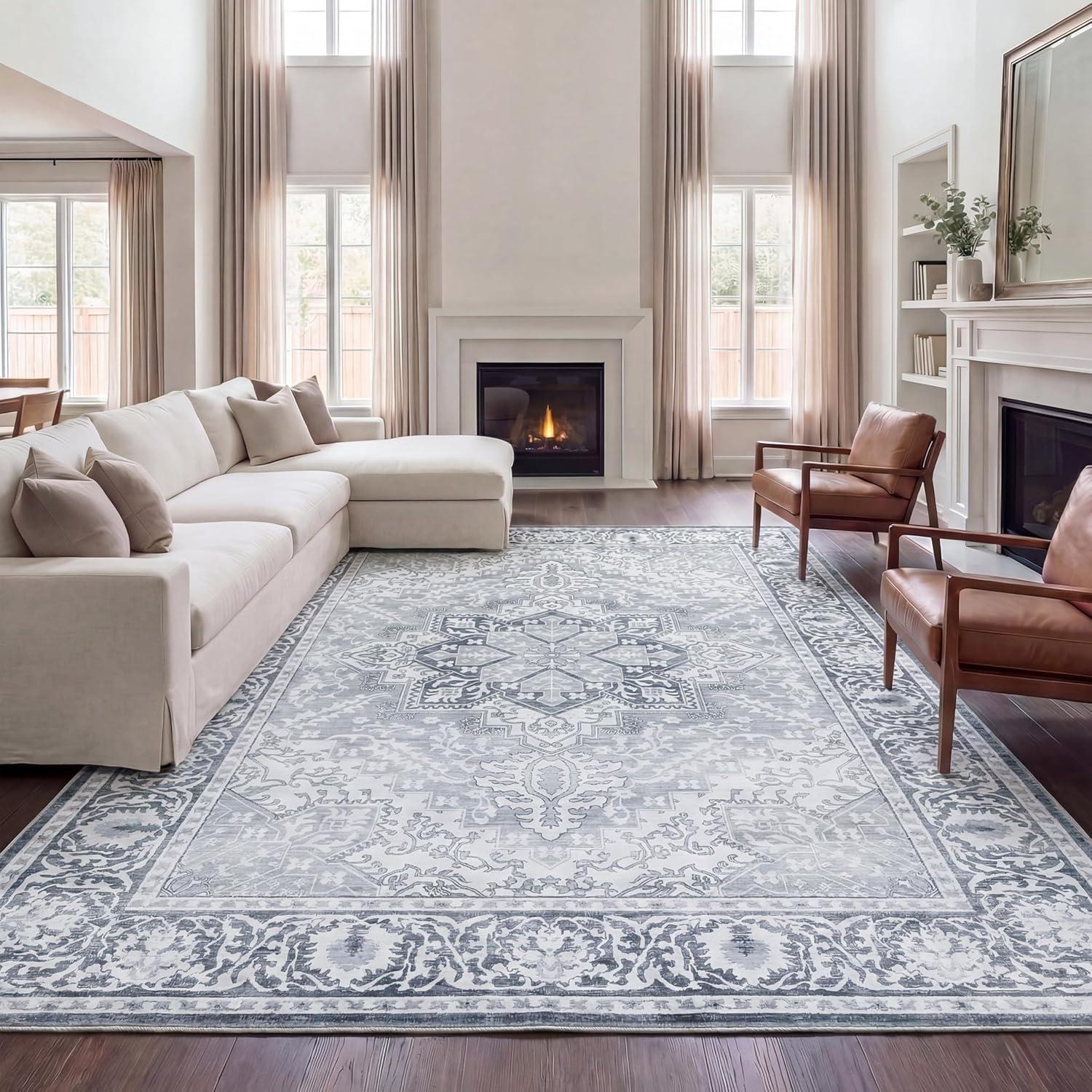 image:imageJONATHAN Y UltraSoft MachineWashable Rug with NonSkid Backing Dark GrayMulti 5x8 Eleanor Vintage Medallion Border NonShedding Velvet Luxury Feel for Living Room Dining Room BedroomIvoryGray