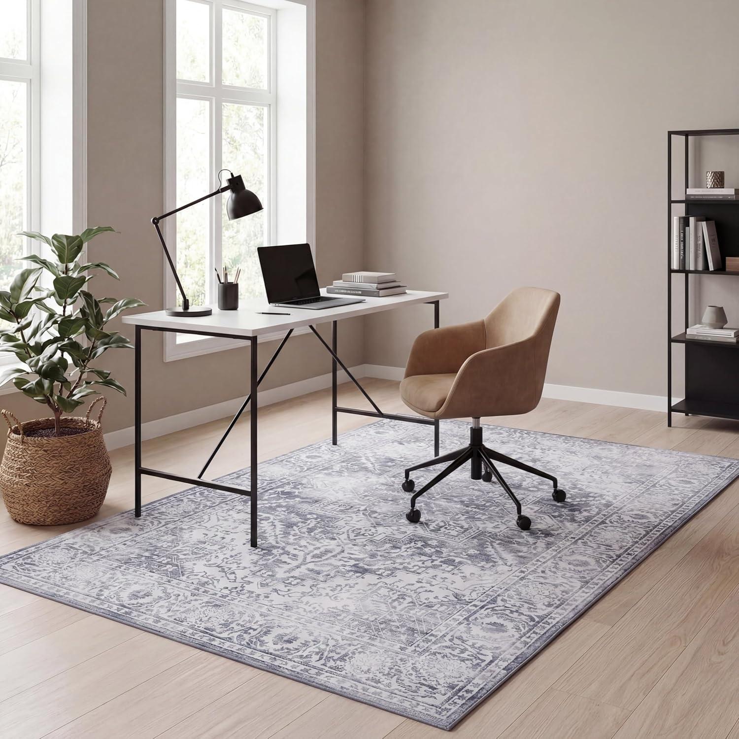image:imageJONATHAN Y UltraSoft MachineWashable Rug with NonSkid Backing Dark GrayMulti 5x8 Eleanor Vintage Medallion Border NonShedding Velvet Luxury Feel for Living Room Dining Room BedroomLight GrayIvory