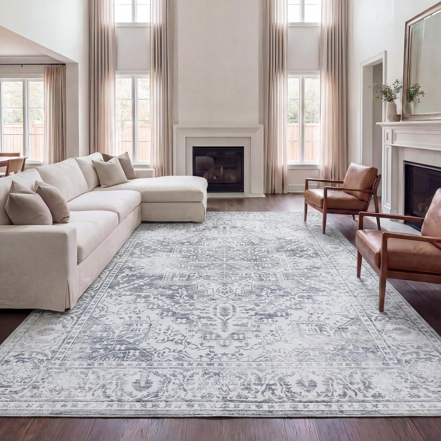 image:imageJONATHAN Y UltraSoft MachineWashable Rug with NonSkid Backing Dark GrayMulti 5x8 Eleanor Vintage Medallion Border NonShedding Velvet Luxury Feel for Living Room Dining Room BedroomLight GrayIvory