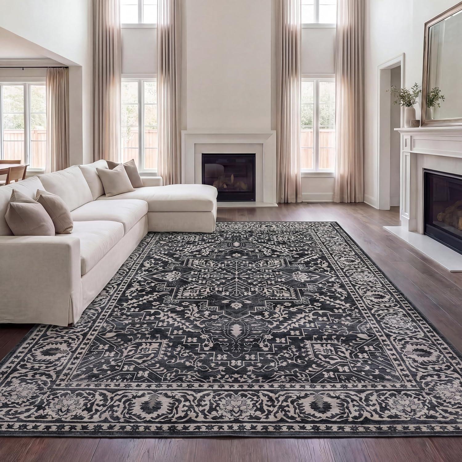 image:imageJONATHAN Y UltraSoft MachineWashable Rug with NonSkid Backing Dark GrayMulti 5x8 Eleanor Vintage Medallion Border NonShedding Velvet Luxury Feel for Living Room Dining Room BedroomDark GrayMulti