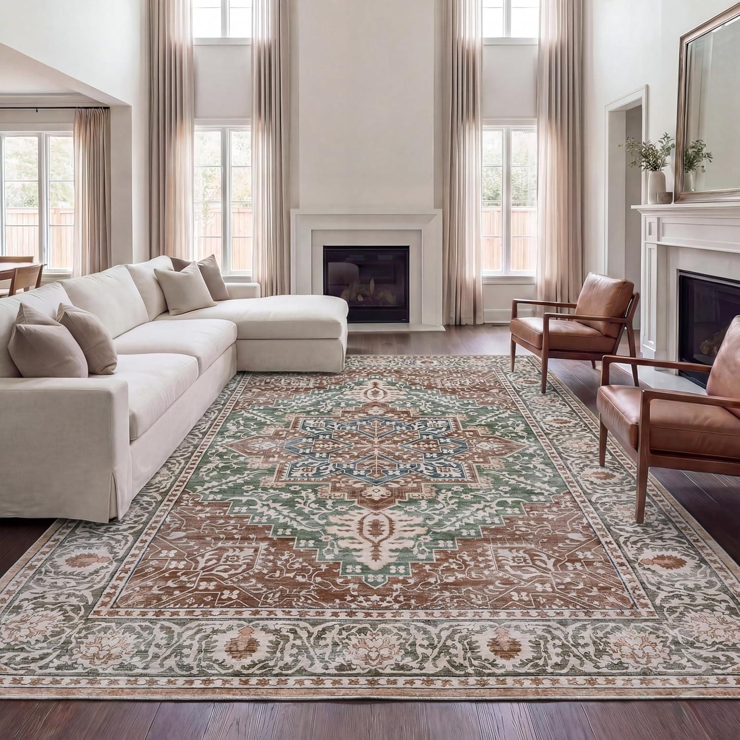 image:imageJONATHAN Y UltraSoft MachineWashable Rug with NonSkid Backing Dark GrayMulti 5x8 Eleanor Vintage Medallion Border NonShedding Velvet Luxury Feel for Living Room Dining Room BedroomGreenBrown