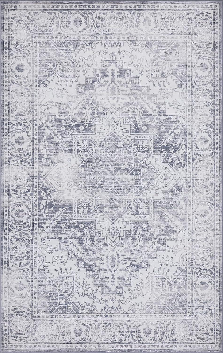 image:imageJONATHAN Y UltraSoft MachineWashable Rug with NonSkid Backing Dark GrayMulti 5x8 Eleanor Vintage Medallion Border NonShedding Velvet Luxury Feel for Living Room Dining Room BedroomLight GrayIvory