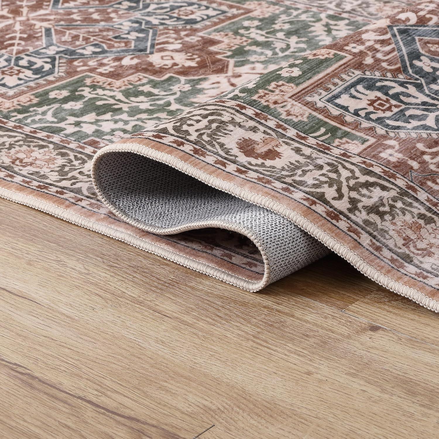 image:imageJONATHAN Y UltraSoft MachineWashable Rug with NonSkid Backing Dark GrayMulti 5x8 Eleanor Vintage Medallion Border NonShedding Velvet Luxury Feel for Living Room Dining Room BedroomGreenBrown