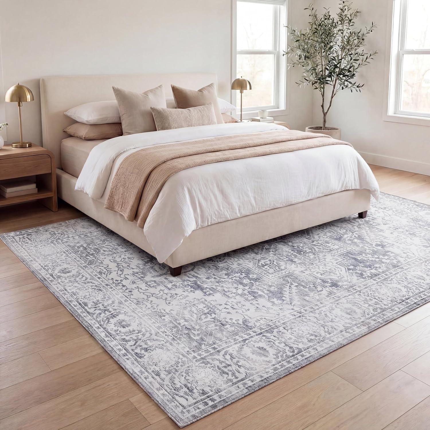 image:imageJONATHAN Y UltraSoft MachineWashable Rug with NonSkid Backing Dark GrayMulti 5x8 Eleanor Vintage Medallion Border NonShedding Velvet Luxury Feel for Living Room Dining Room BedroomLight GrayIvory