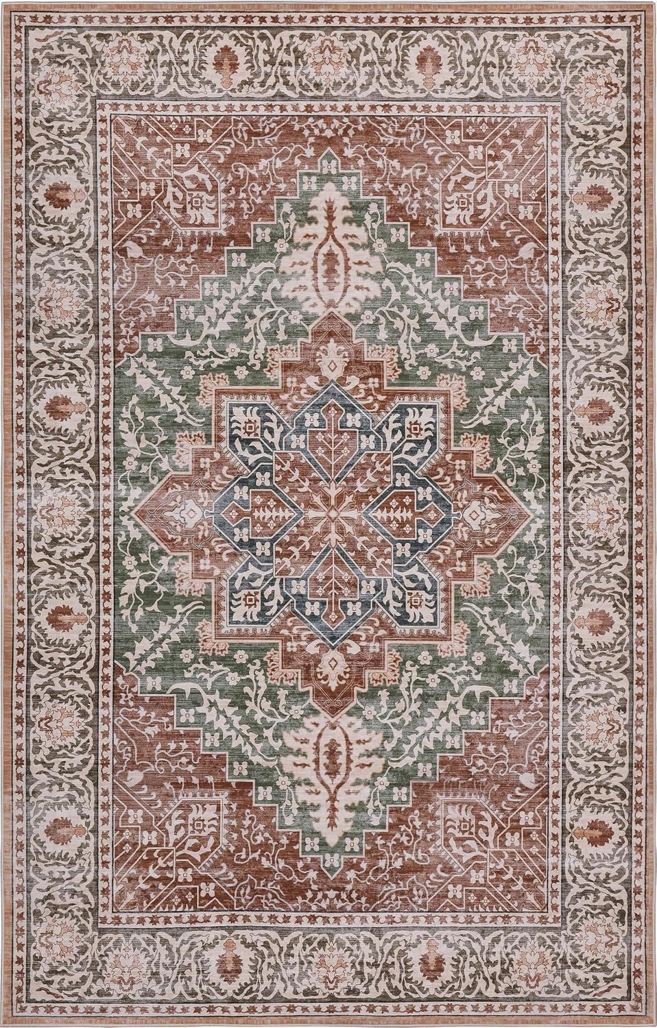 image:imageJONATHAN Y UltraSoft MachineWashable Rug with NonSkid Backing Dark GrayMulti 5x8 Eleanor Vintage Medallion Border NonShedding Velvet Luxury Feel for Living Room Dining Room BedroomGreenBrown