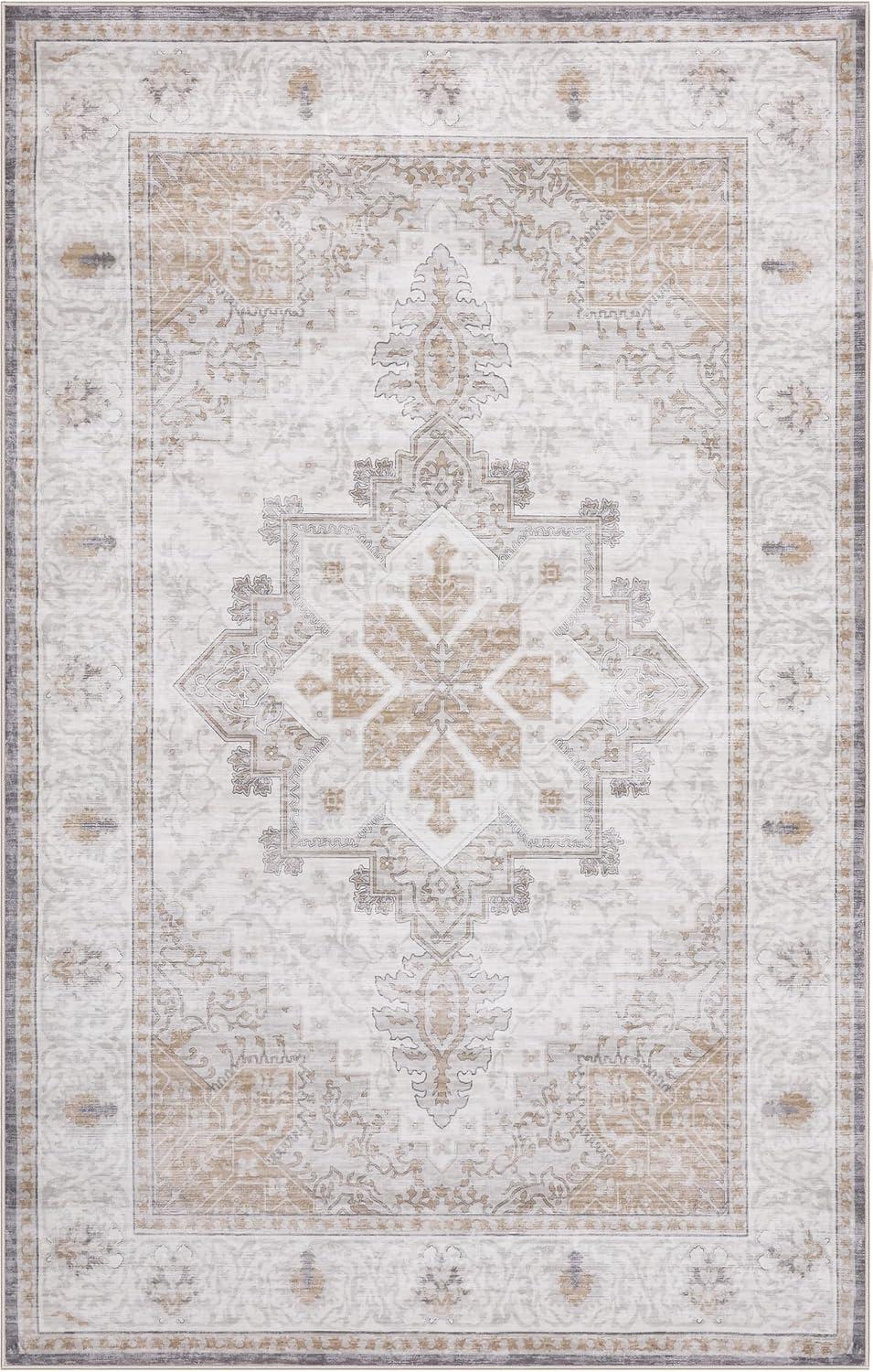 image:imageJONATHAN Y UltraSoft MachineWashable Rug with NonSkid Backing Dark GrayMulti 5x8 Eleanor Vintage Medallion Border NonShedding Velvet Luxury Feel for Living Room Dining Room BedroomCreamBeige
