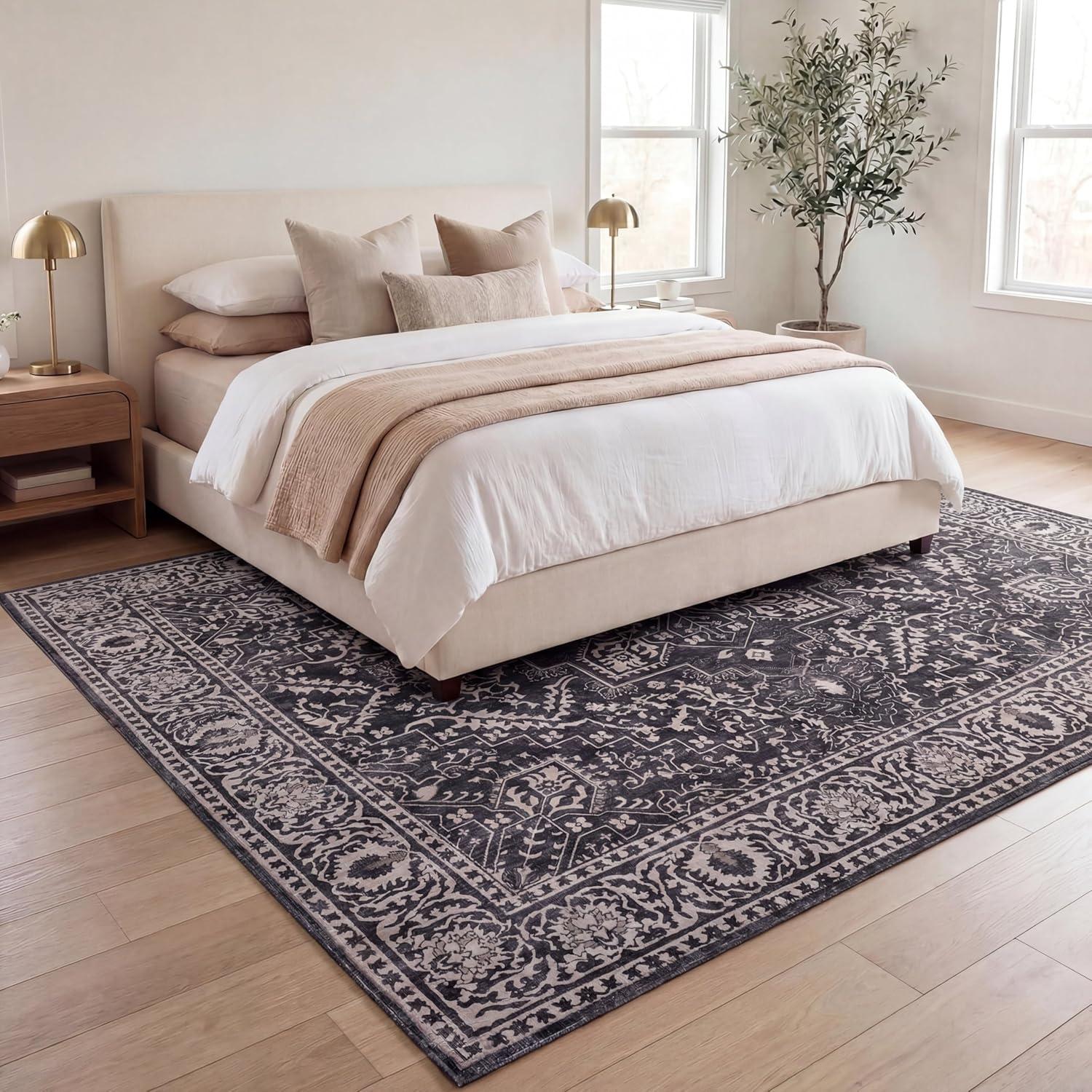 image:imageJONATHAN Y UltraSoft MachineWashable Rug with NonSkid Backing Dark GrayMulti 5x8 Eleanor Vintage Medallion Border NonShedding Velvet Luxury Feel for Living Room Dining Room BedroomDark GrayMulti