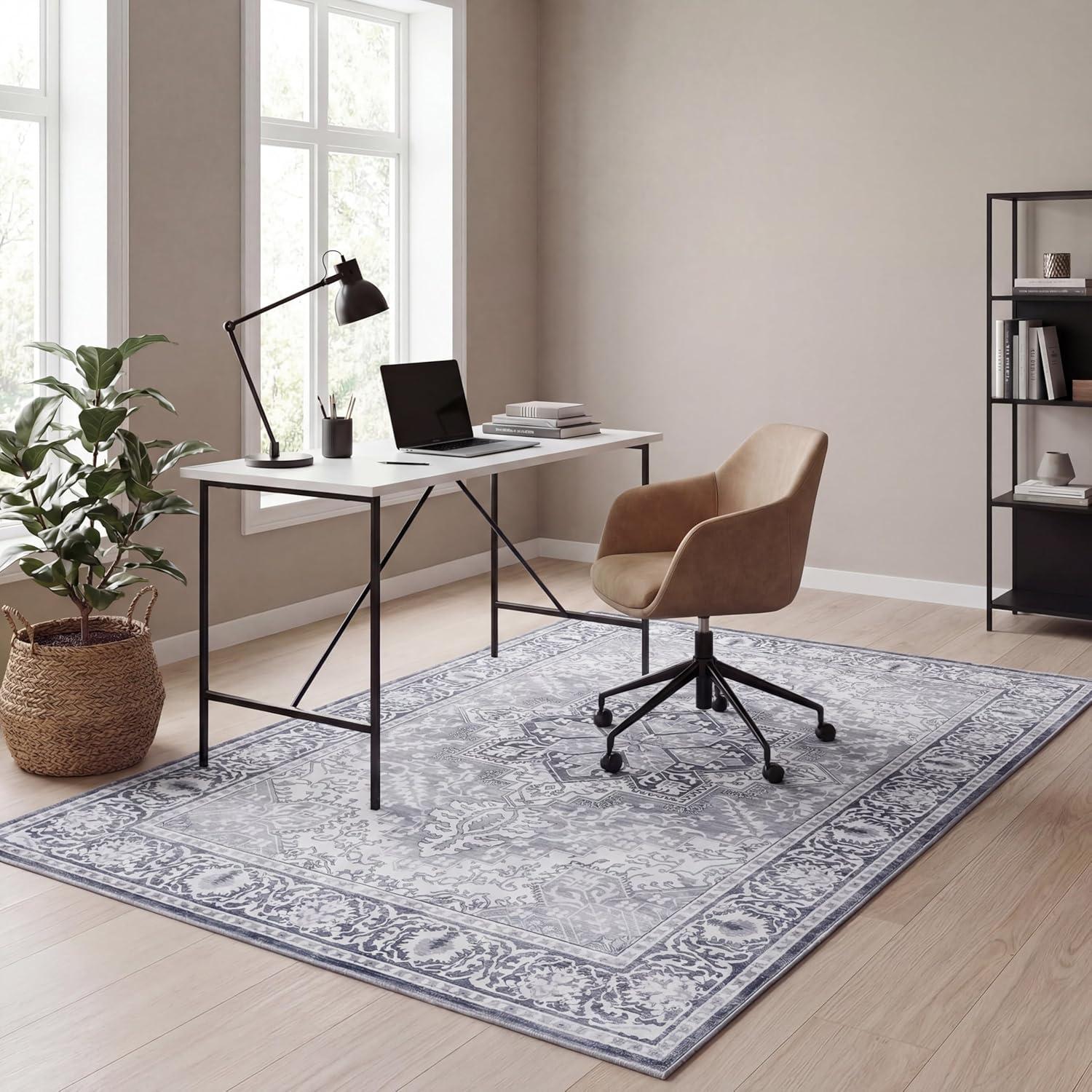image:imageJONATHAN Y UltraSoft MachineWashable Rug with NonSkid Backing Dark GrayMulti 5x8 Eleanor Vintage Medallion Border NonShedding Velvet Luxury Feel for Living Room Dining Room BedroomIvoryGray