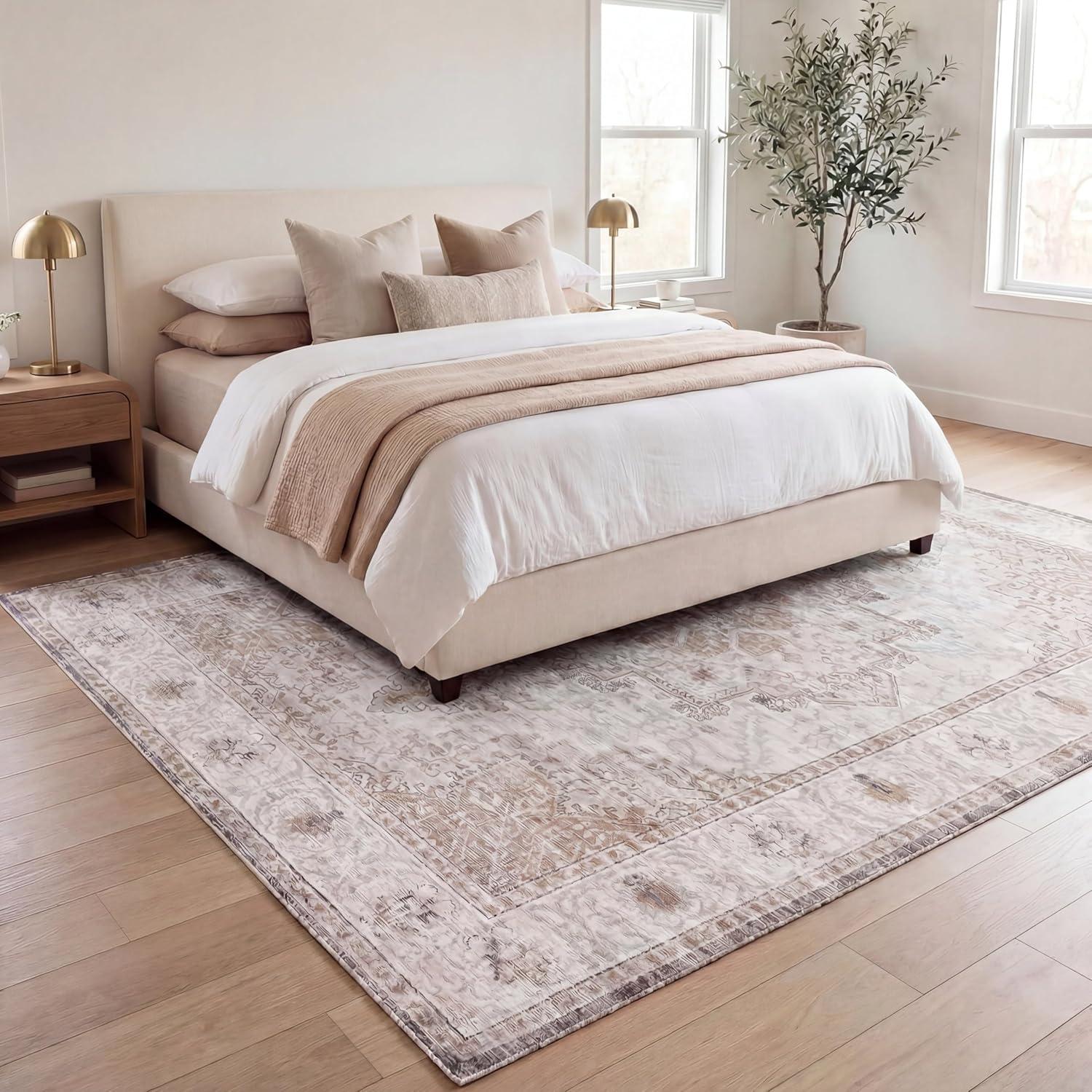 image:imageJONATHAN Y UltraSoft MachineWashable Rug with NonSkid Backing Dark GrayMulti 5x8 Eleanor Vintage Medallion Border NonShedding Velvet Luxury Feel for Living Room Dining Room BedroomCreamBeige