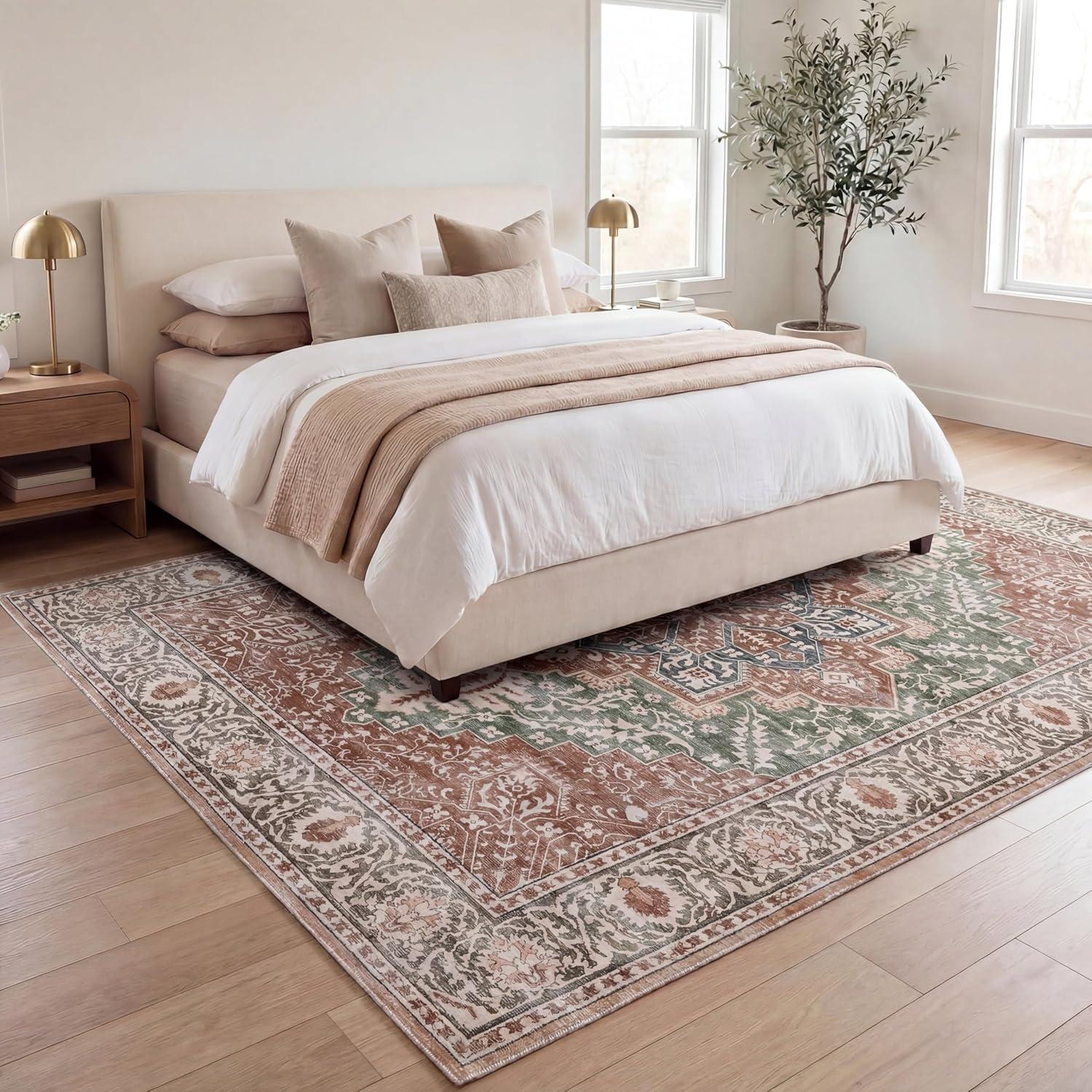 image:imageJONATHAN Y UltraSoft MachineWashable Rug with NonSkid Backing Dark GrayMulti 5x8 Eleanor Vintage Medallion Border NonShedding Velvet Luxury Feel for Living Room Dining Room BedroomGreenBrown