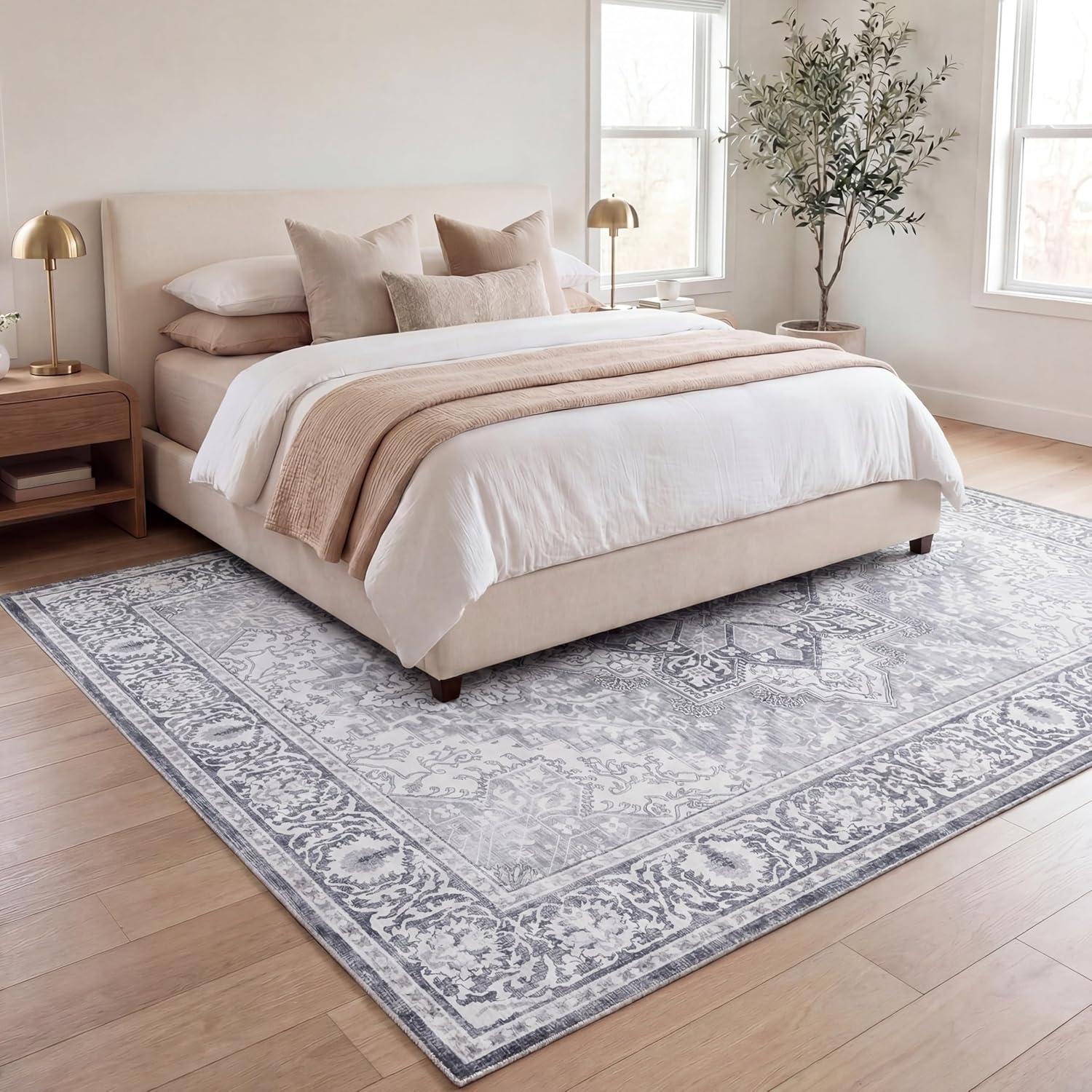 image:imageJONATHAN Y UltraSoft MachineWashable Rug with NonSkid Backing Dark GrayMulti 5x8 Eleanor Vintage Medallion Border NonShedding Velvet Luxury Feel for Living Room Dining Room BedroomIvoryGray