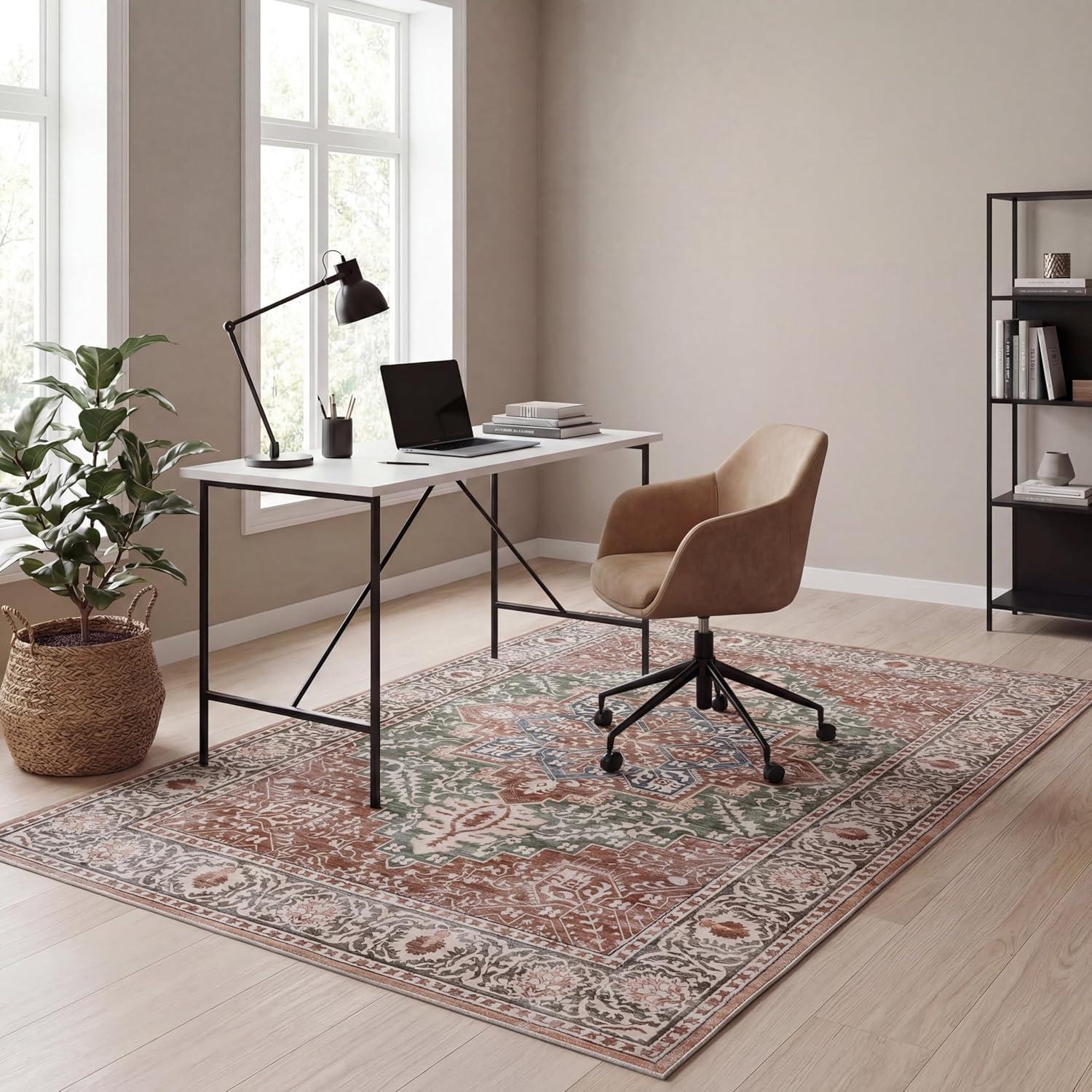 image:imageJONATHAN Y UltraSoft MachineWashable Rug with NonSkid Backing Dark GrayMulti 5x8 Eleanor Vintage Medallion Border NonShedding Velvet Luxury Feel for Living Room Dining Room BedroomGreenBrown