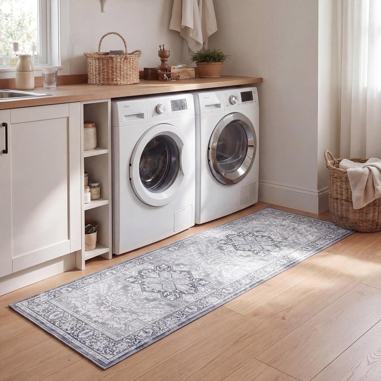 image:imageJONATHAN Y UltraSoft MachineWashable Rug with NonSkid Backing Dark GrayMulti 5x8 Eleanor Vintage Medallion Border NonShedding Velvet Luxury Feel for Living Room Dining Room BedroomIvoryGray