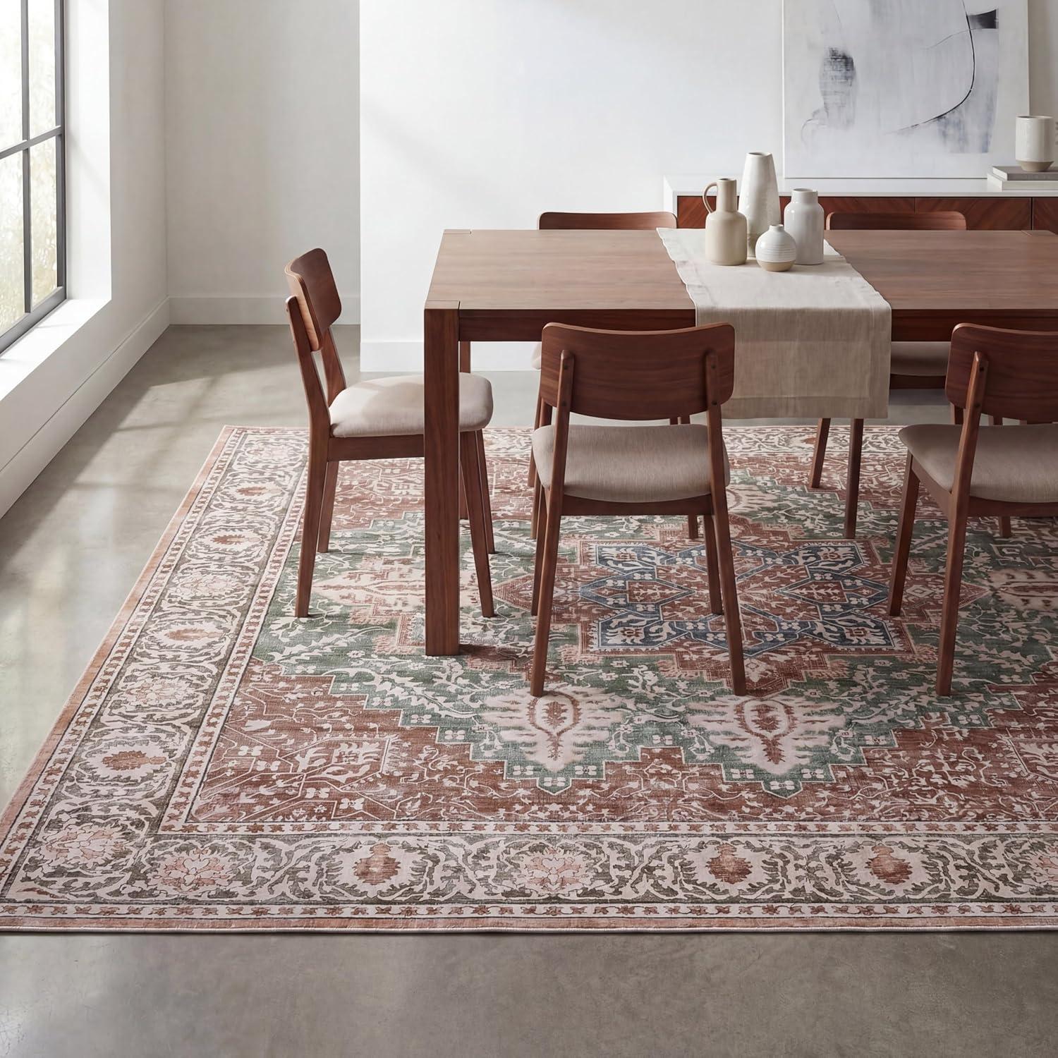 image:imageJONATHAN Y UltraSoft MachineWashable Rug with NonSkid Backing Dark GrayMulti 5x8 Eleanor Vintage Medallion Border NonShedding Velvet Luxury Feel for Living Room Dining Room BedroomGreenBrown