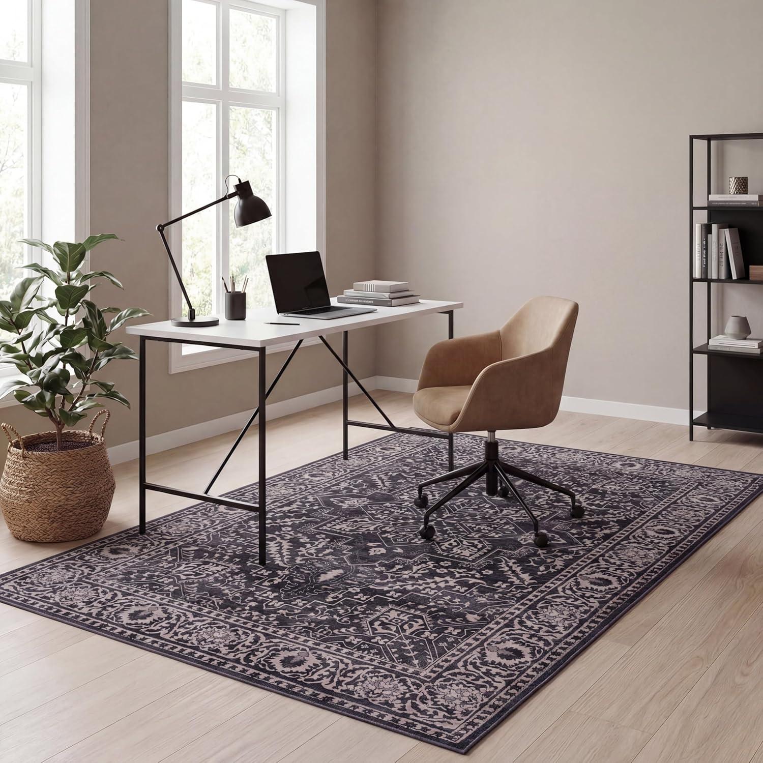 image:imageJONATHAN Y UltraSoft MachineWashable Rug with NonSkid Backing Dark GrayMulti 5x8 Eleanor Vintage Medallion Border NonShedding Velvet Luxury Feel for Living Room Dining Room BedroomDark GrayMulti