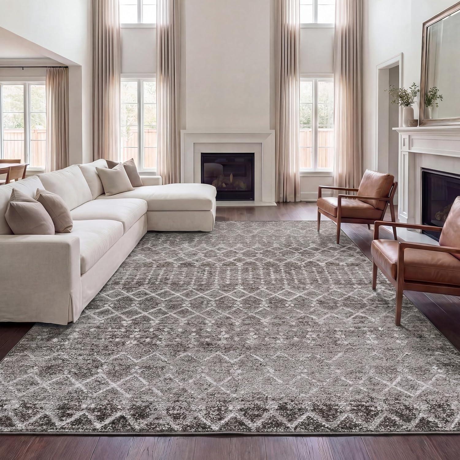 image:imageJONATHAN Y UltraSoft MachineWashable Rug with NonSkid Backing GrayIvory 5x8 Leila Moroccan Diamond Trellis NonShedding Velvet Luxury Feel for Living Room Dining Room Bedroom CMR101C5TaupeIvory