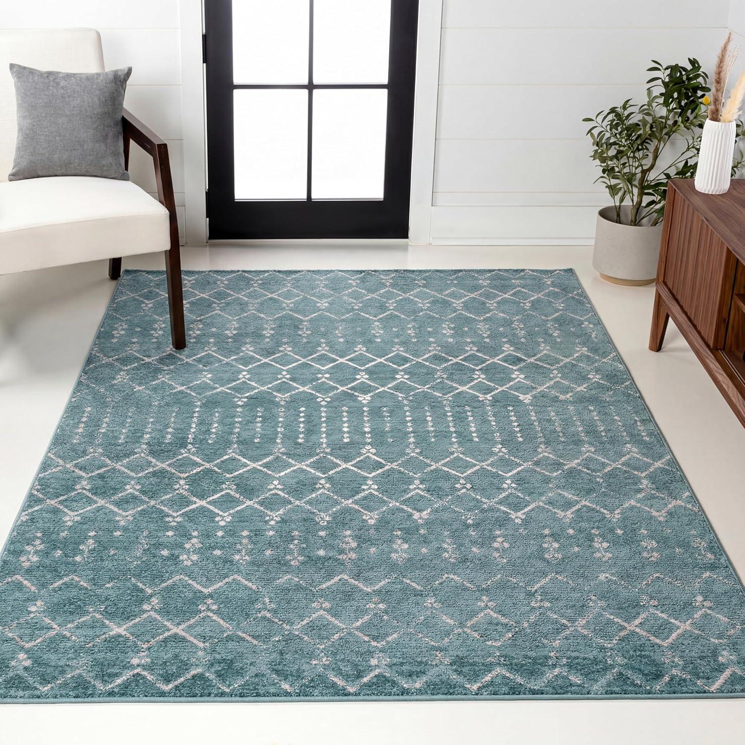 image:imageJONATHAN Y UltraSoft MachineWashable Rug with NonSkid Backing GrayIvory 5x8 Leila Moroccan Diamond Trellis NonShedding Velvet Luxury Feel for Living Room Dining Room Bedroom CMR101C5TealIvory