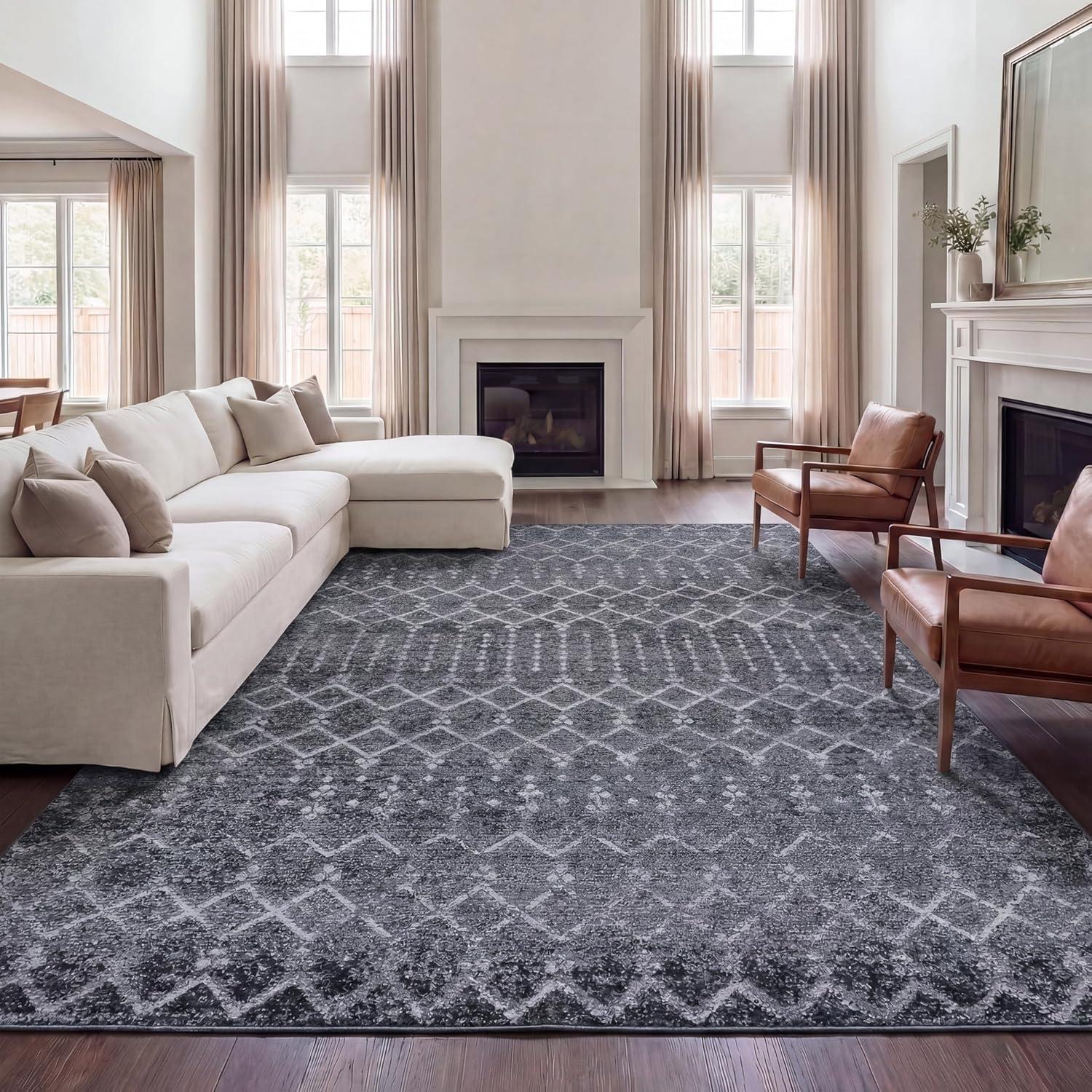 image:imageJONATHAN Y UltraSoft MachineWashable Rug with NonSkid Backing GrayIvory 5x8 Leila Moroccan Diamond Trellis NonShedding Velvet Luxury Feel for Living Room Dining Room Bedroom CMR101C5GrayIvory