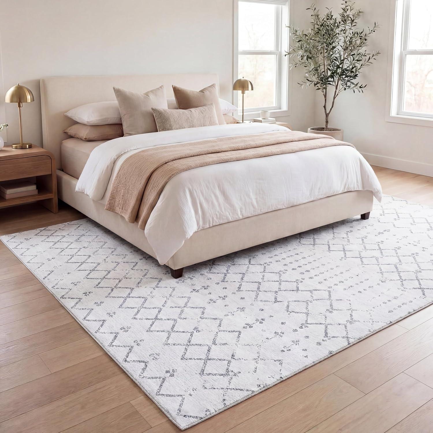 image:imageJONATHAN Y UltraSoft MachineWashable Rug with NonSkid Backing GrayIvory 5x8 Leila Moroccan Diamond Trellis NonShedding Velvet Luxury Feel for Living Room Dining Room Bedroom CMR101C5IvoryGray