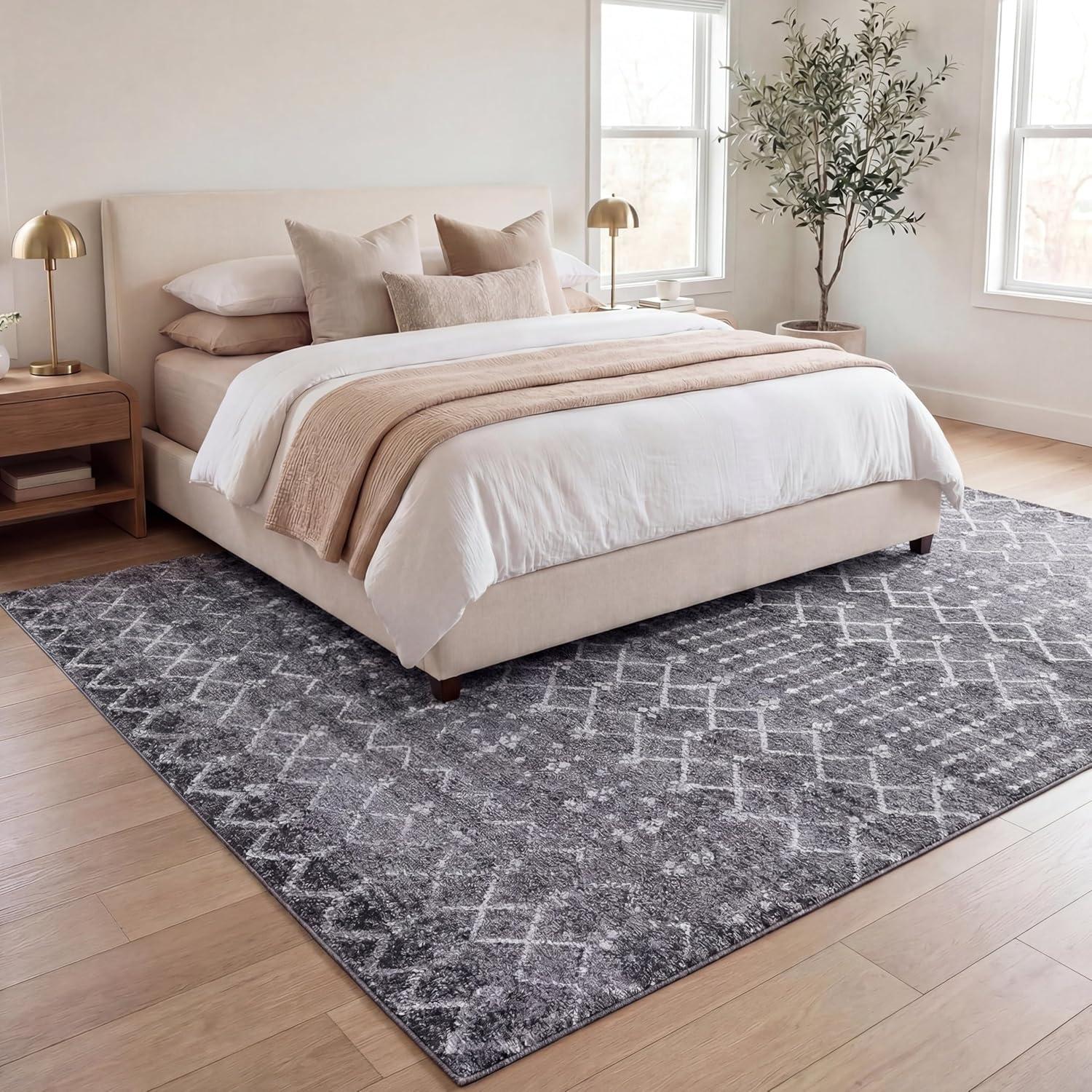 image:imageJONATHAN Y UltraSoft MachineWashable Rug with NonSkid Backing GrayIvory 5x8 Leila Moroccan Diamond Trellis NonShedding Velvet Luxury Feel for Living Room Dining Room Bedroom CMR101C5GrayIvory