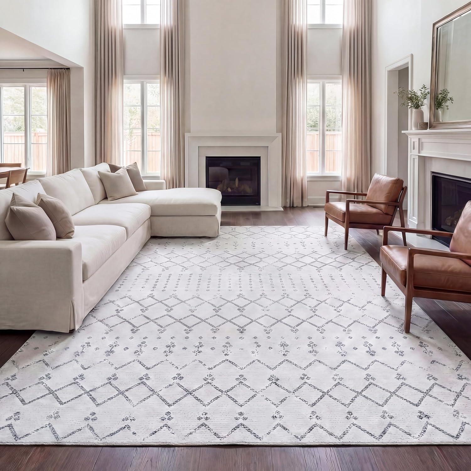 image:imageJONATHAN Y UltraSoft MachineWashable Rug with NonSkid Backing GrayIvory 5x8 Leila Moroccan Diamond Trellis NonShedding Velvet Luxury Feel for Living Room Dining Room Bedroom CMR101C5IvoryGray