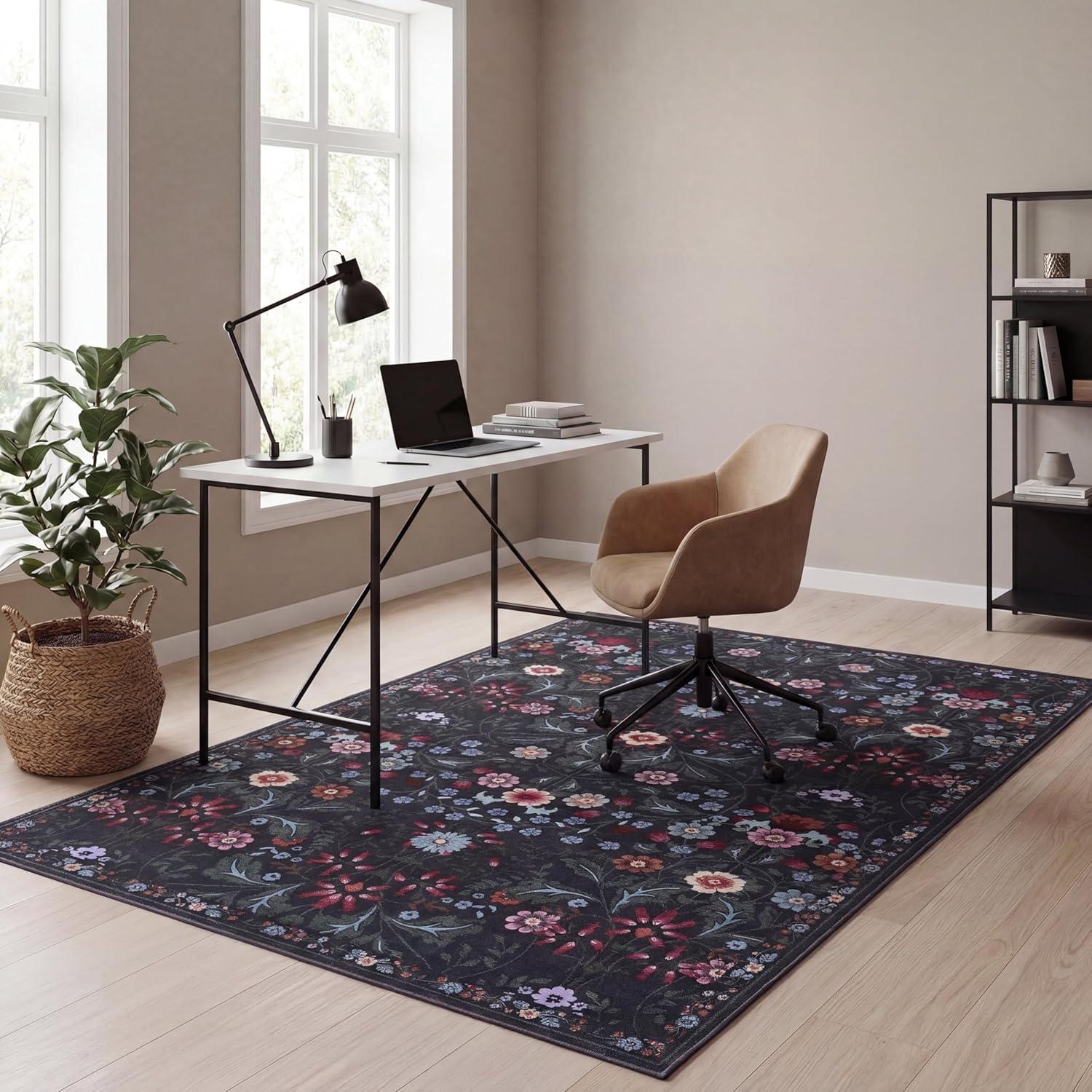 image:imageJONATHAN Y UltraSoft MachineWashable Rug with NonSkid Backing TaupeMulti 5x8 Primrose Art Nouveau Floral Border NonShedding Velvet Luxury Feel for Living Room Dining Room Bedroom BTF100F5Dark GreenMulti